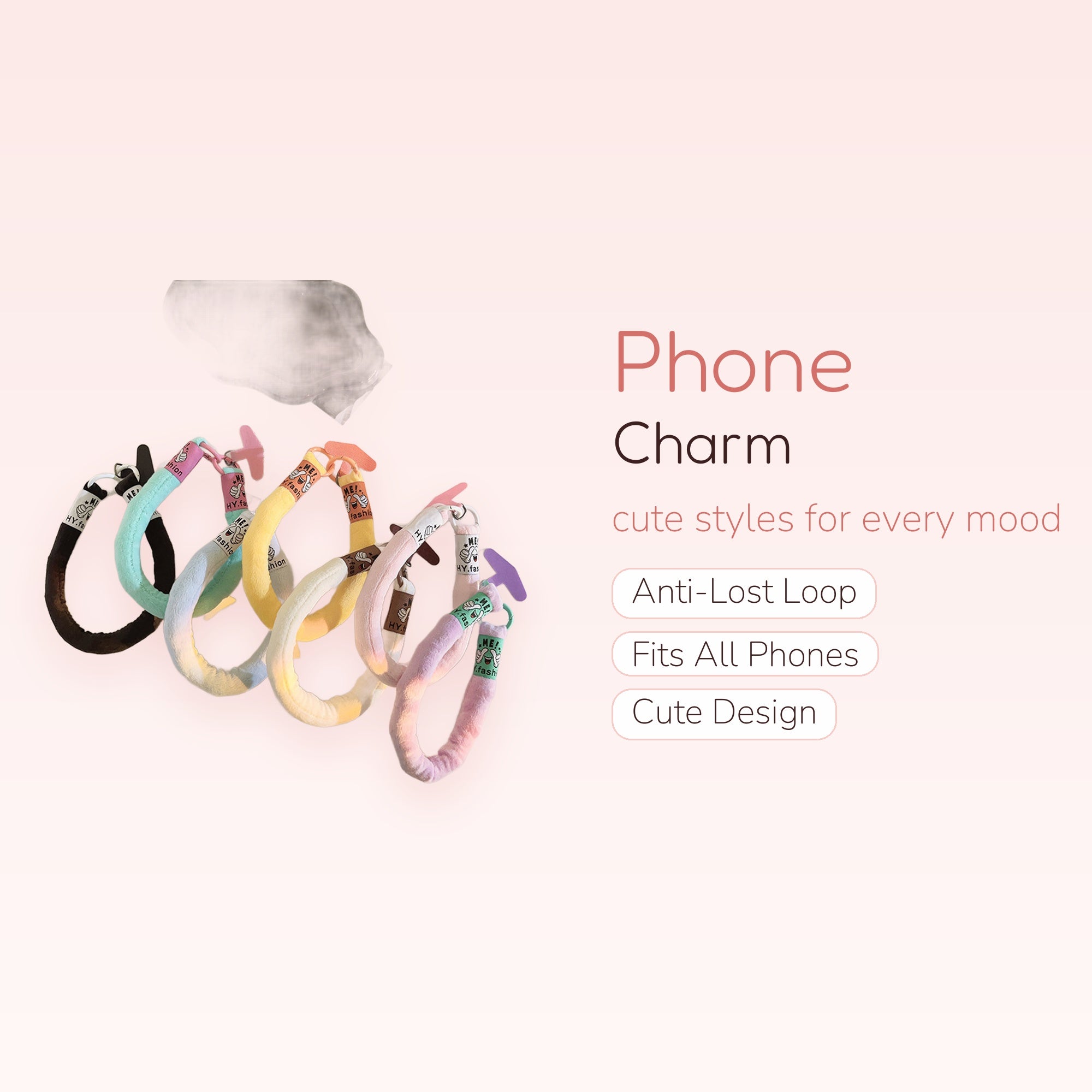 Fluffy Pastel Gradient Phone Charm Strap | Cute Wrist Lanyard with Cartoon Tags