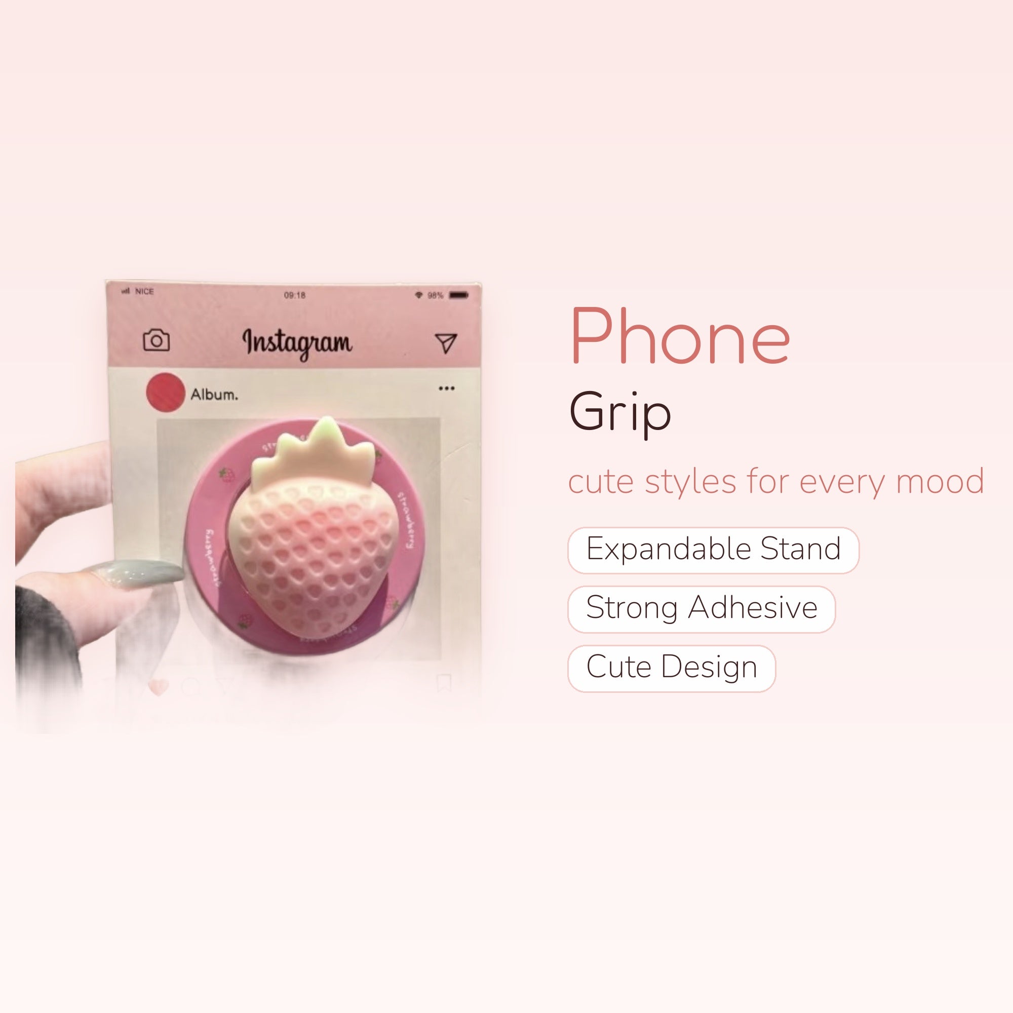 Kawaii Strawberry Instagram Phone Grip | Pink Pop Socket Stand