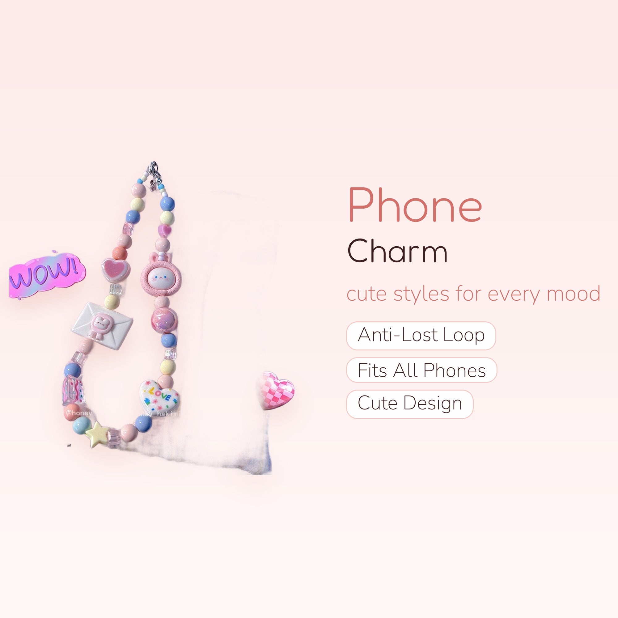 Kawaii Pastel Beaded Phone Charm Strap | Cute Bunny & Heart Wrist Lanyard
