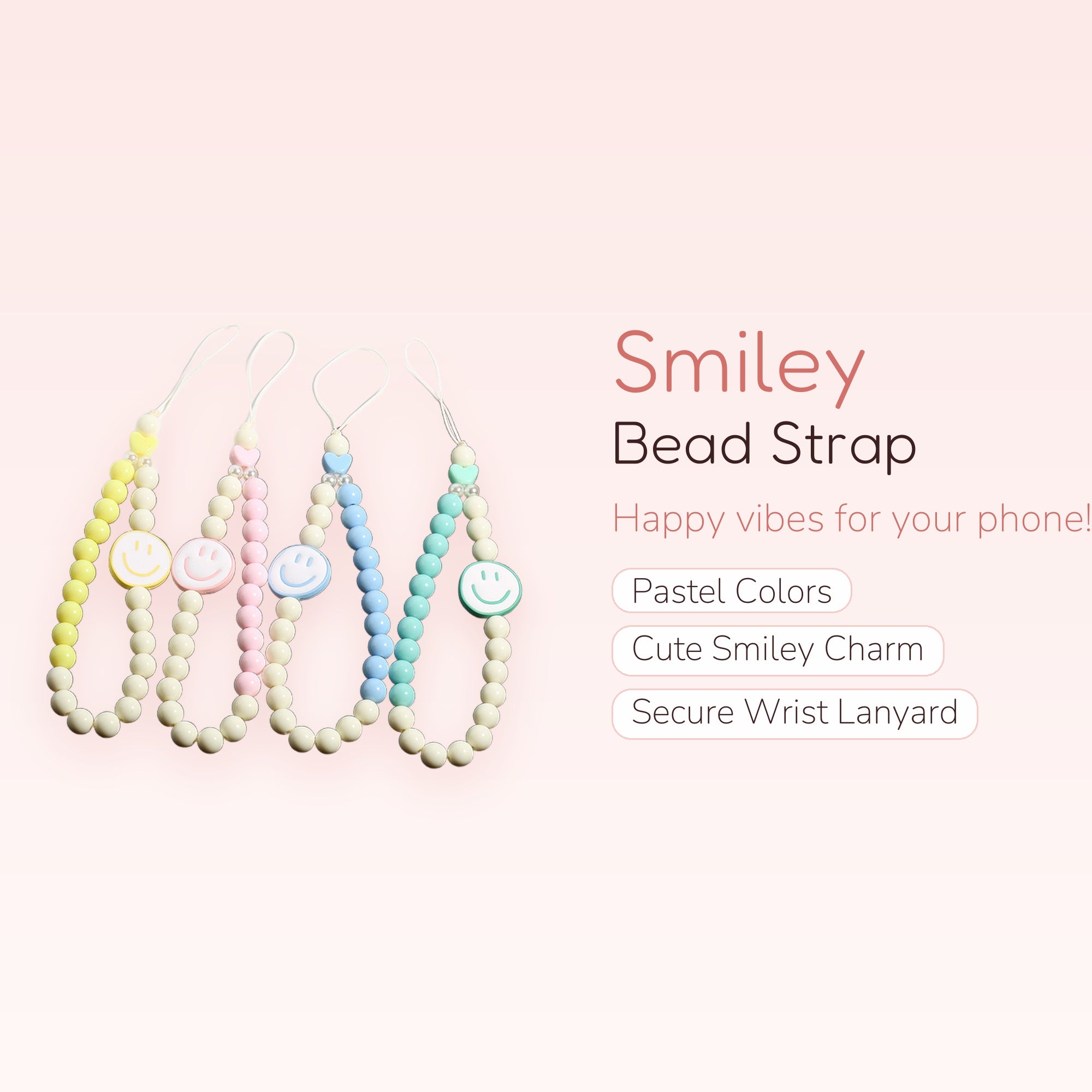 Kawaii Smiley Face Beaded Phone Charm Strap | Pastel Wrist Lanyard