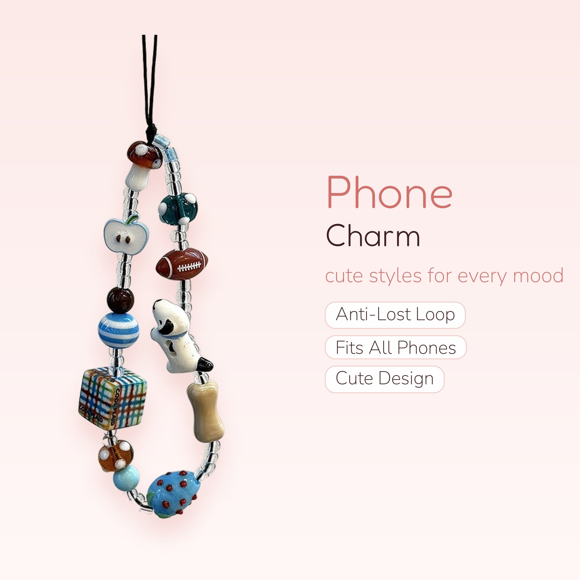 Kawaii Beaded Phone Charm Strap | Cute Mushroom & Doggy Wrist Lanyard