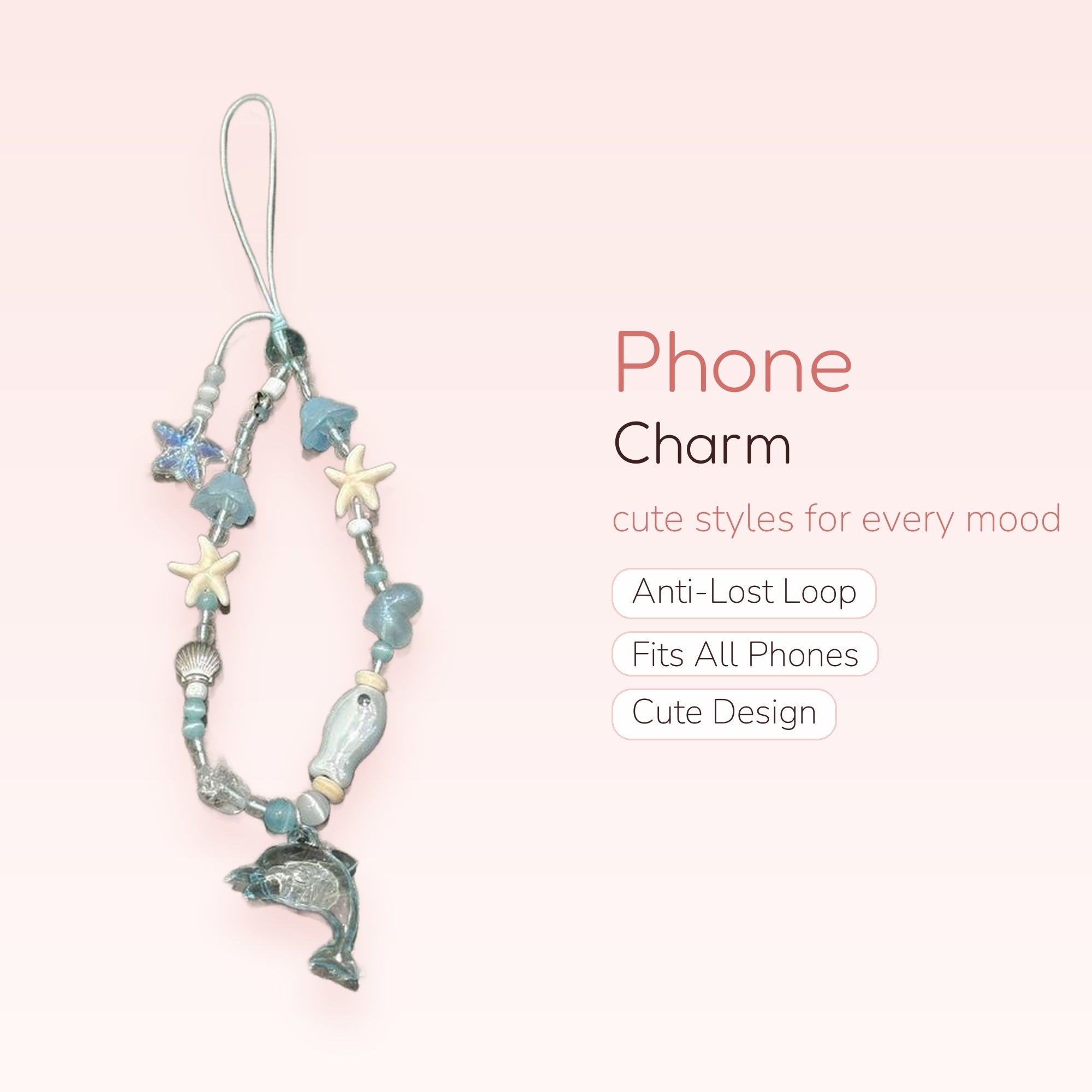 Aesthetic Ocean Blue Beaded Phone Charm | Cute Starfish & Dolphin Wrist Strap