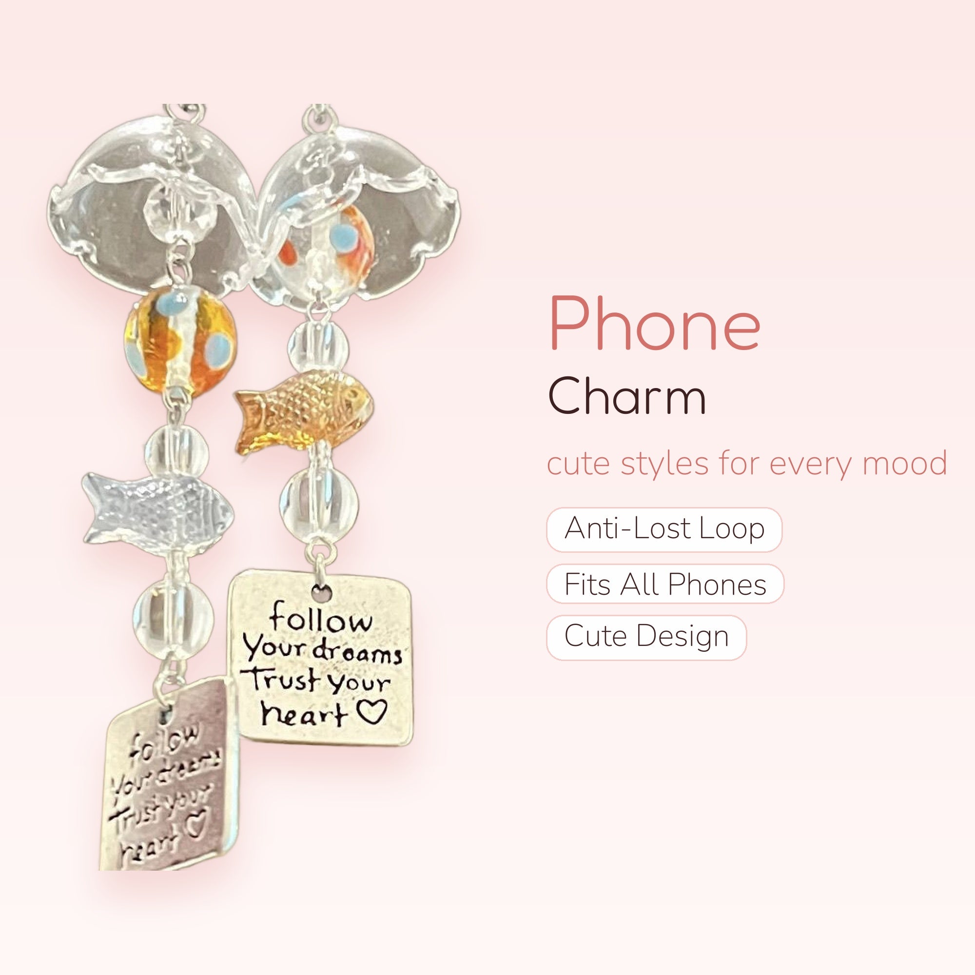 Aesthetic Clear Fish & Quote Phone Charm | Y2K Beaded Wrist Strap