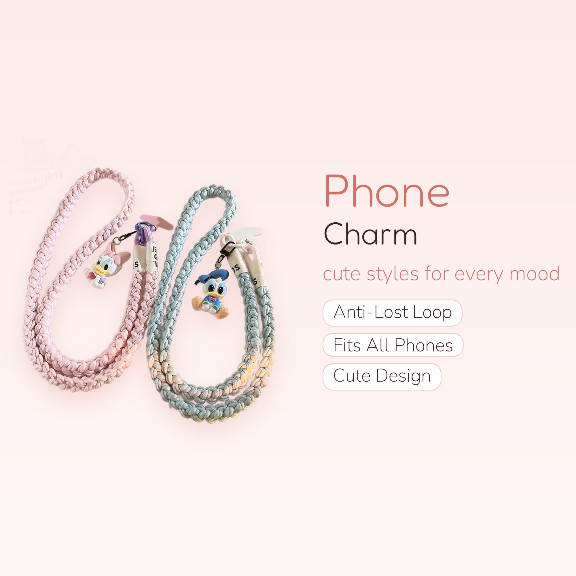 Kawaii Braided Lanyard Phone Charm with Daisy Duck & Donald Duck | Pastel Wrist Strap