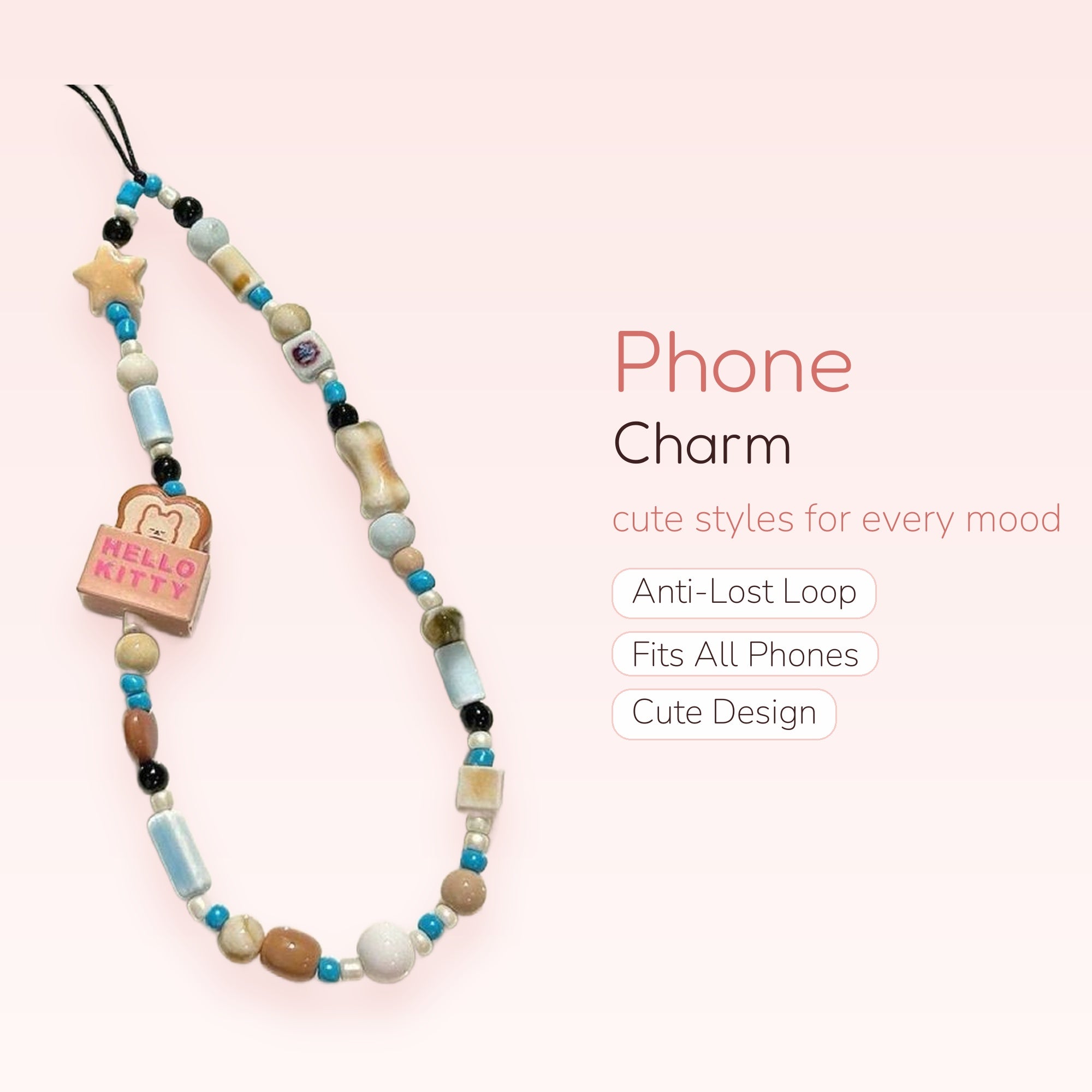 Kawaii Hello Kitty Toast Phone Charm | Aesthetic Beaded Wrist Lanyard