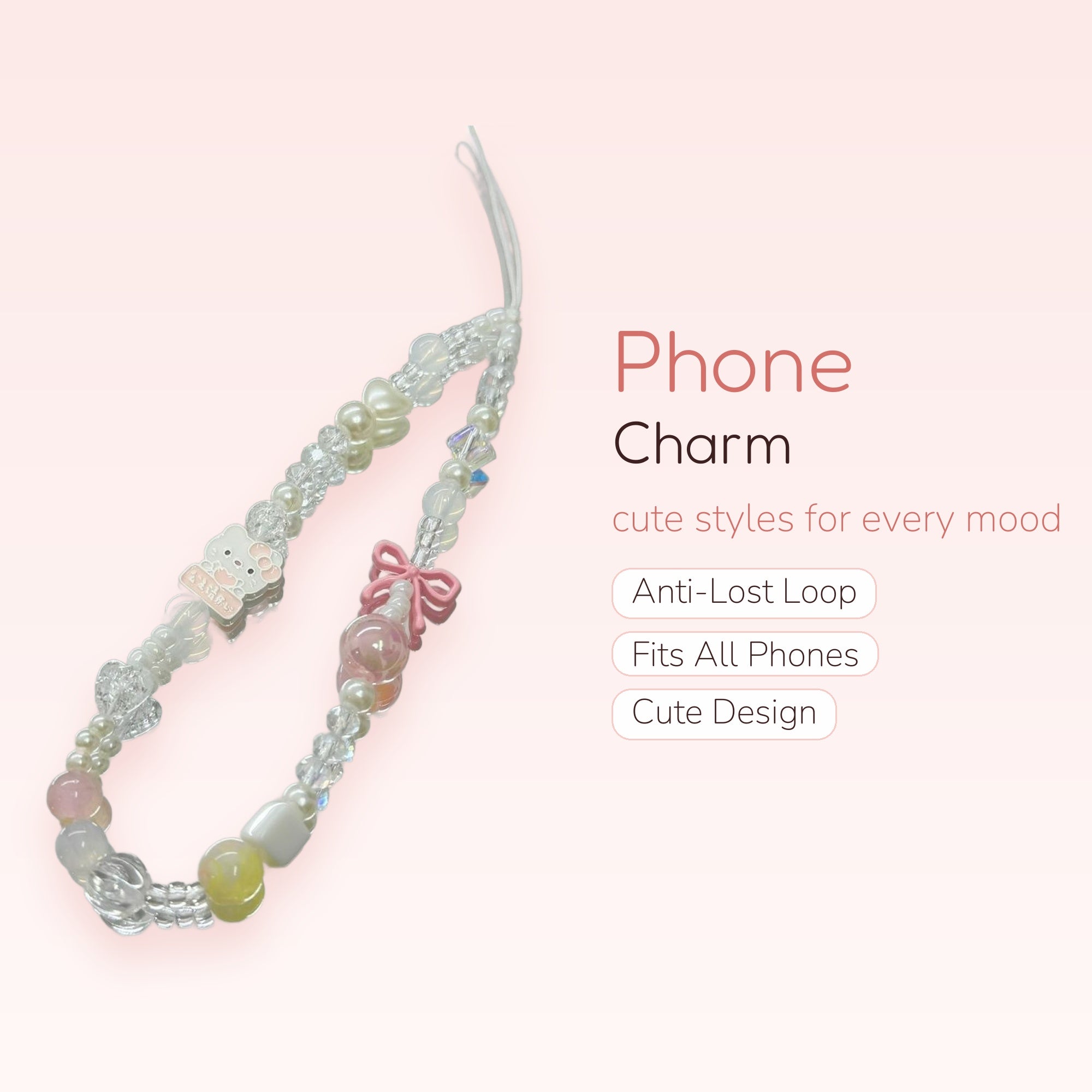 Kawaii Pastel Beaded Phone Charm Strap | Cute Pink Bow & Bunny Wrist Lanyard