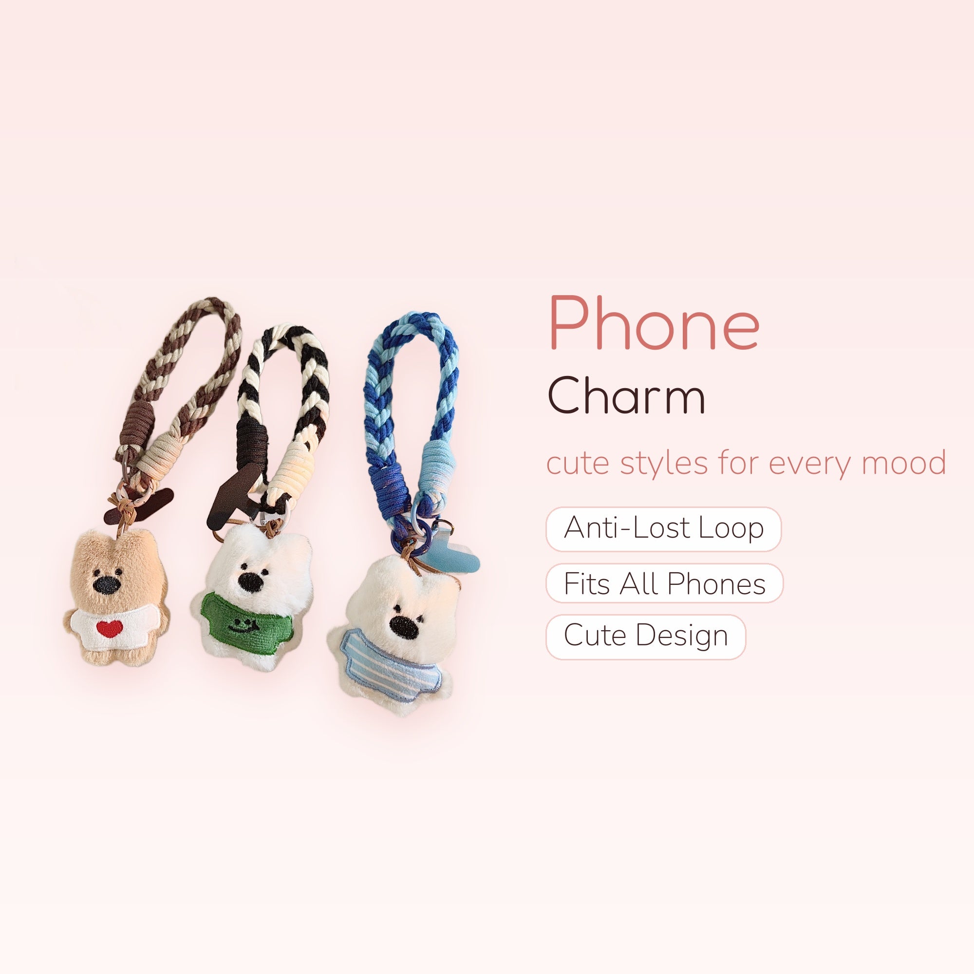 Cute Braided Strap Bear Phone Charm | Plush Animal Wrist Lanyard