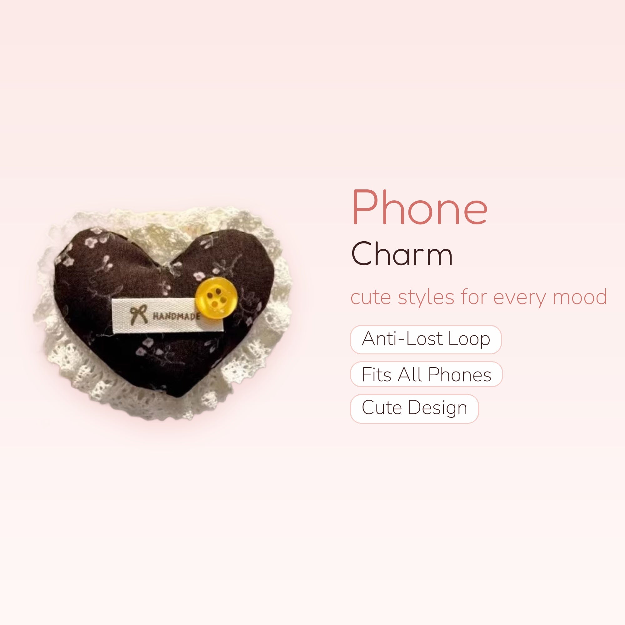Cute Fabric Heart Phone Charm | Handmade Lace & Button Aesthetic Lanyard