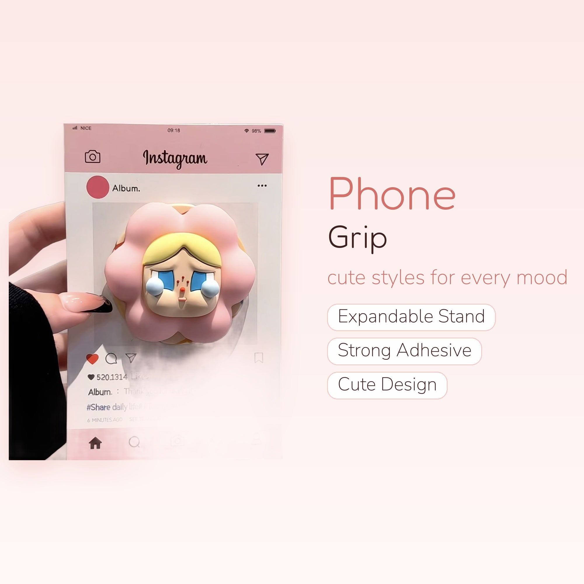 Crying Flower Instagram Phone Grip | Kawaii Pink Pop Socket Stand
