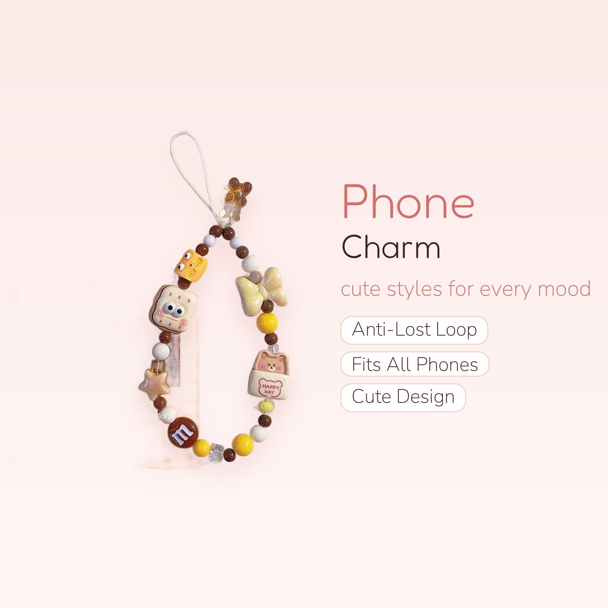 Kawaii Brown & Yellow Beaded Phone Charm | Cute Food & Animal Wrist Strap