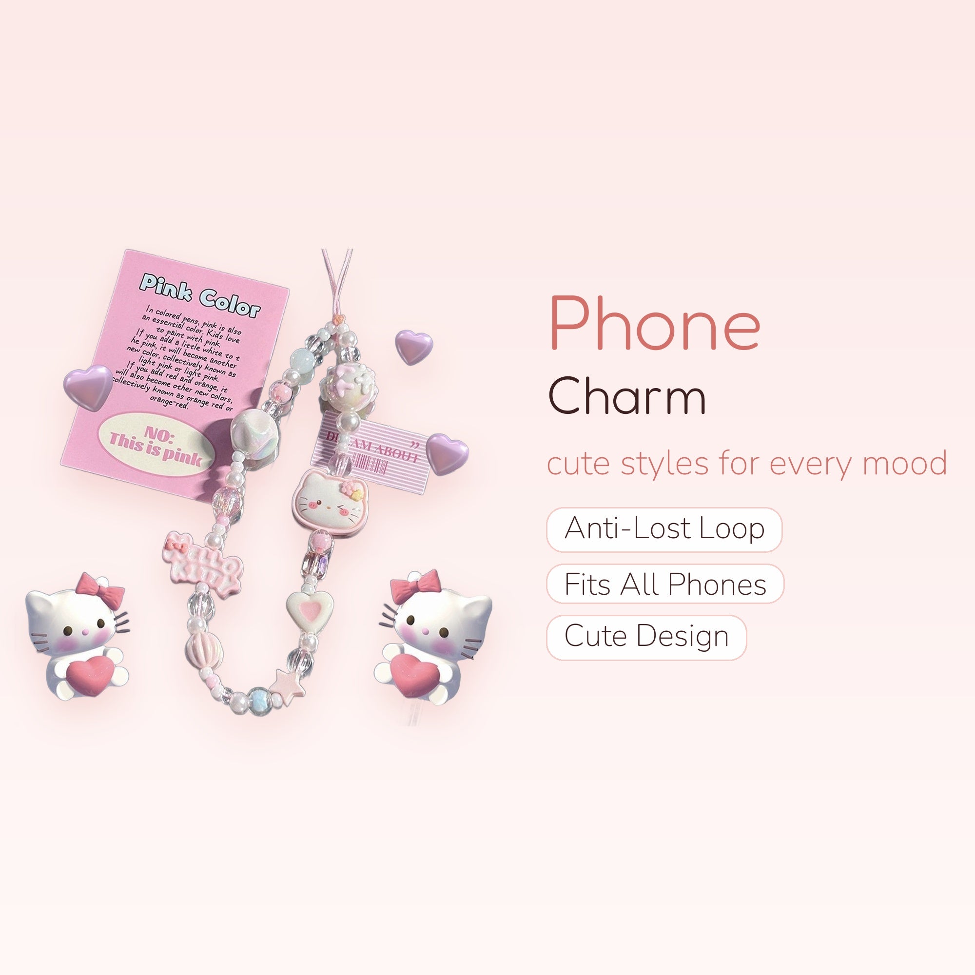 Kawaii Pink Hello Kitty Beaded Phone Charm | Pastel Pearl Wrist Strap