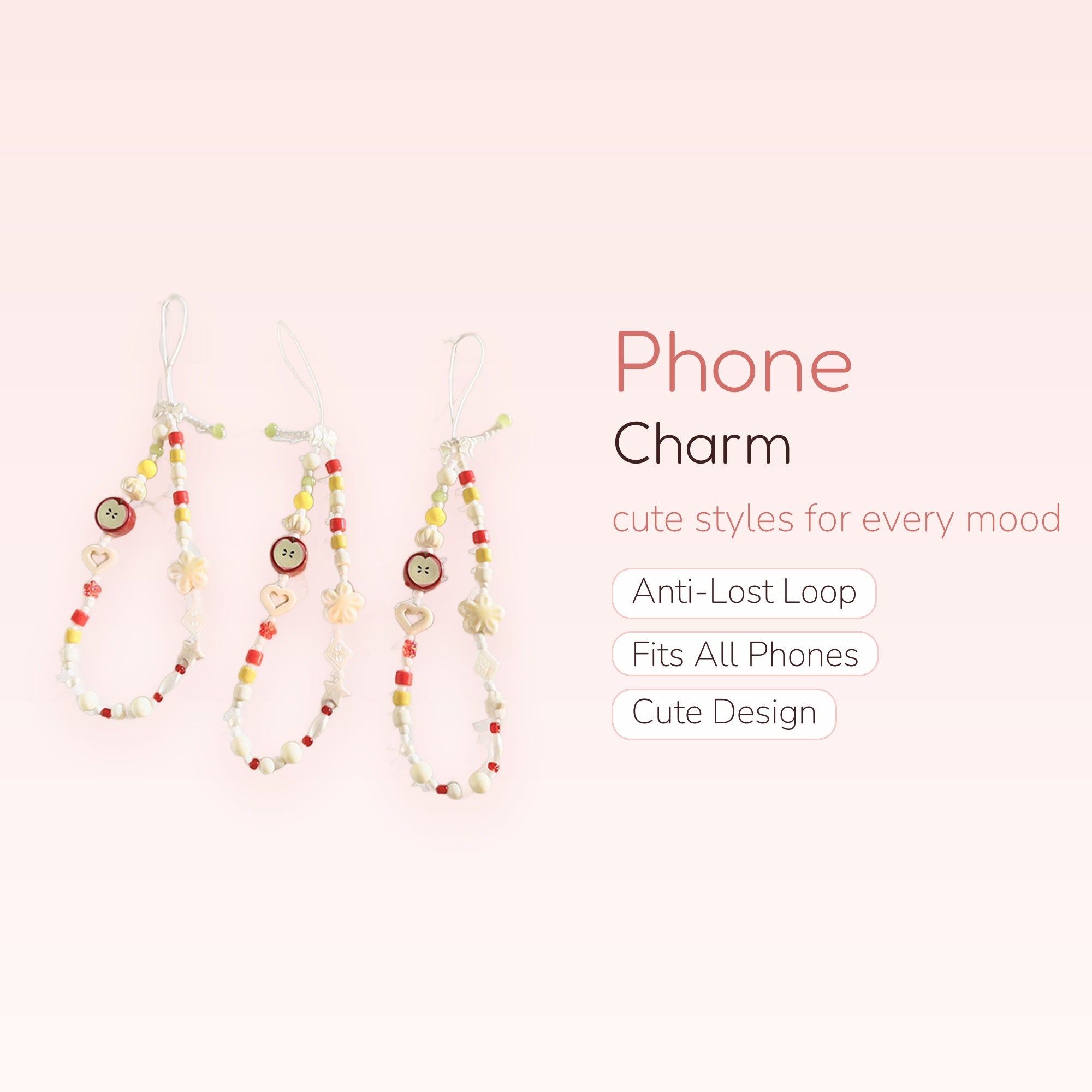 Cute Apple & Heart Beaded Phone Charm | Aesthetic Red Yellow White Wrist Strap
