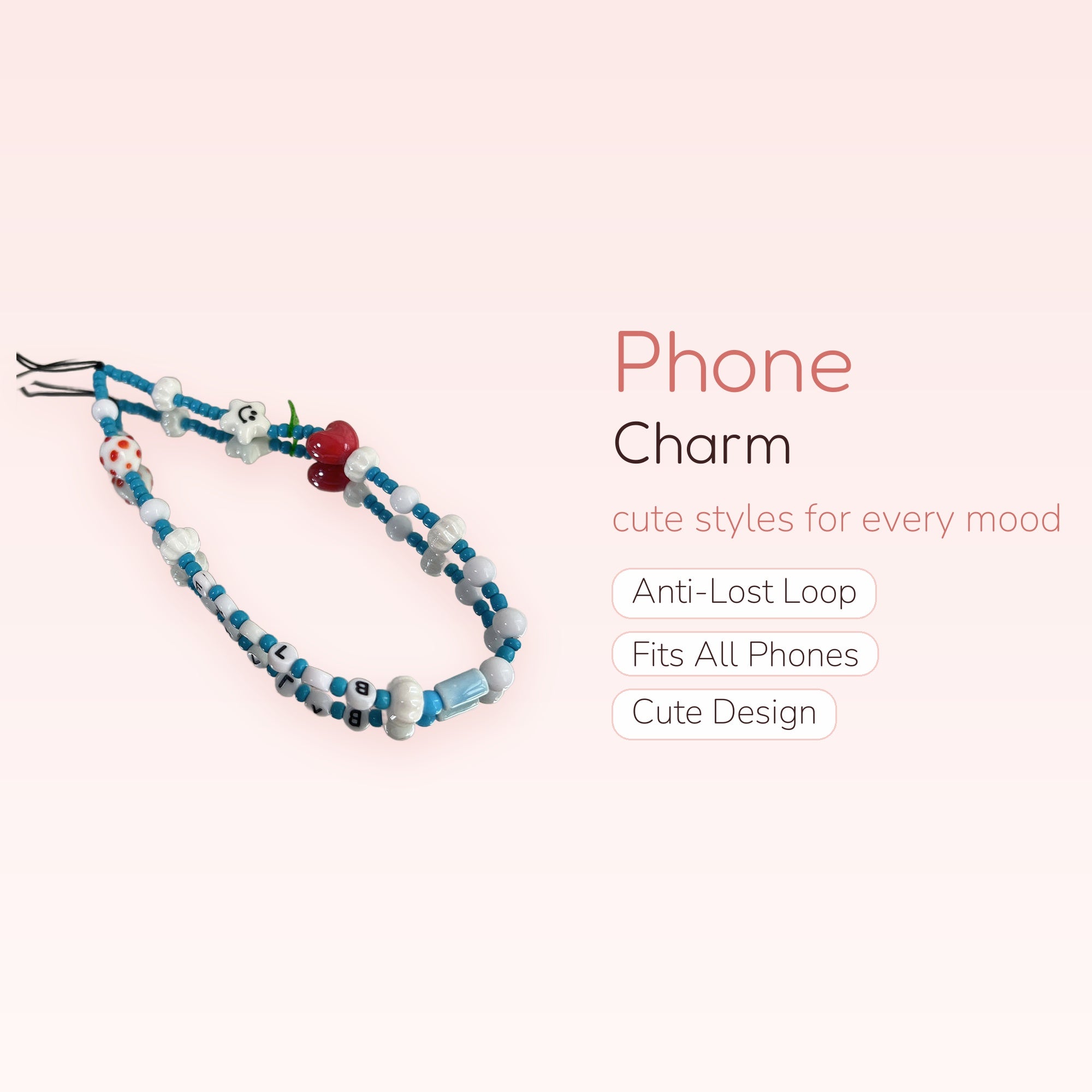Cute Blue & White Beaded Phone Charm | Kawaii Heart & Star Wrist Strap