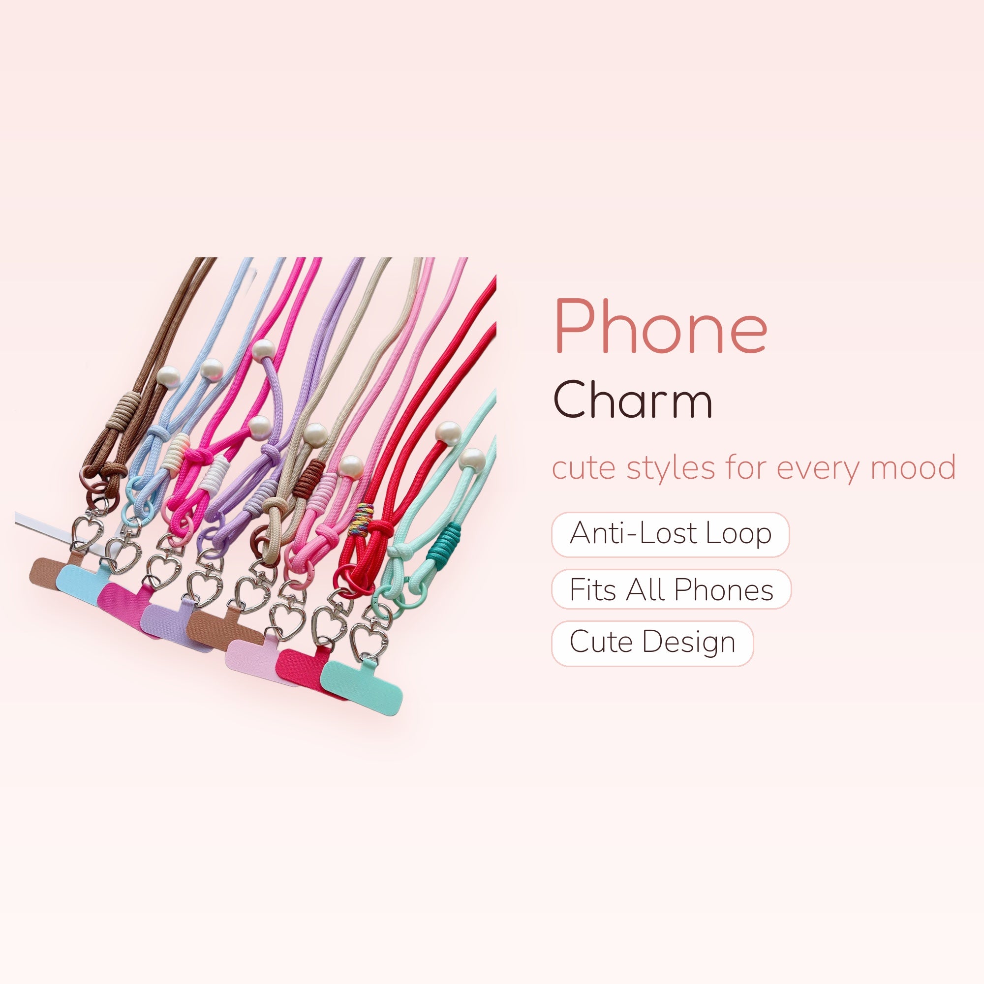 Kawaii Pearl & Heart Phone Charm Strap | Pastel Beaded Lanyard for Phone