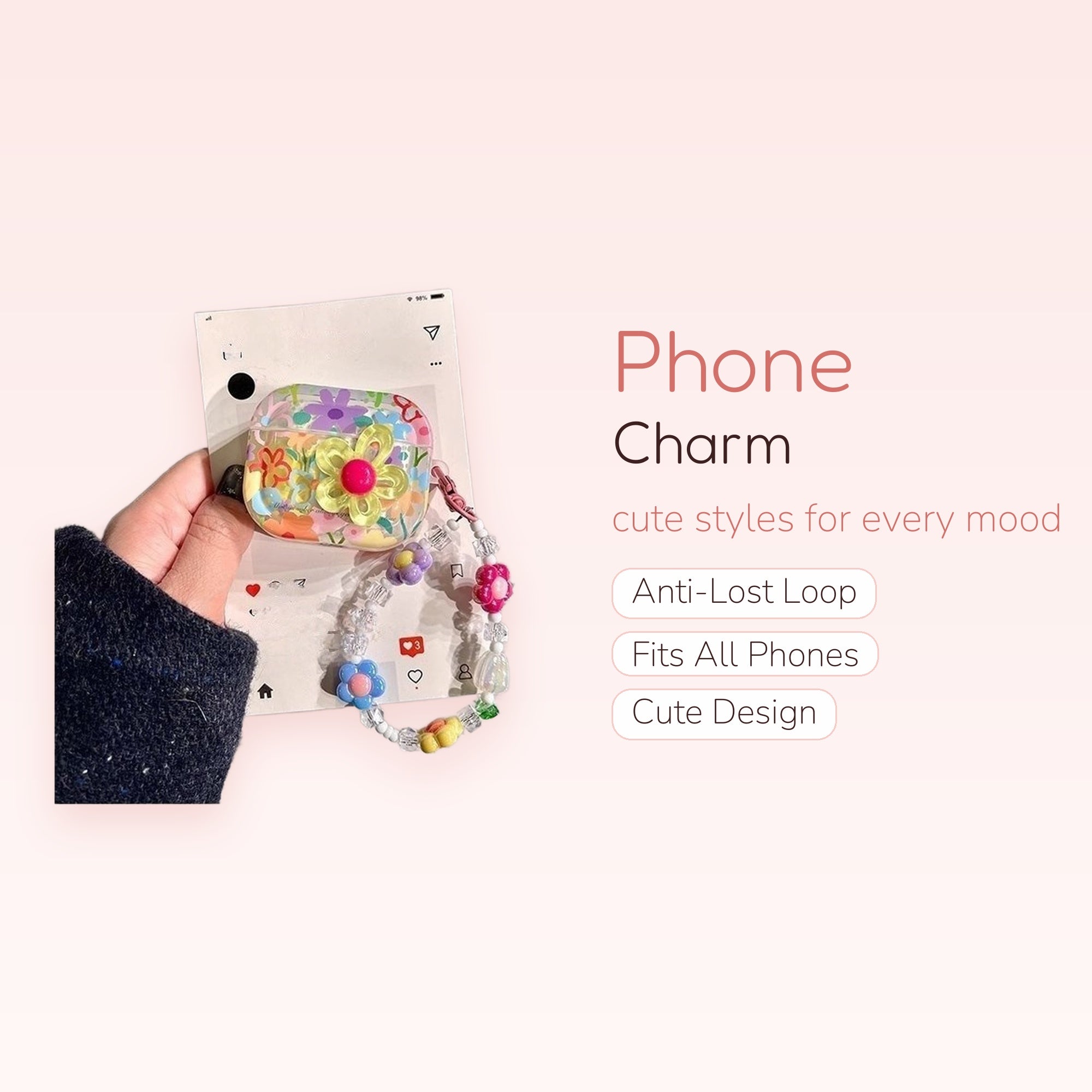 Clear Floral Airpods Case with Beaded Flower Phone Charm | Kawaii Y2K Wrist Strap