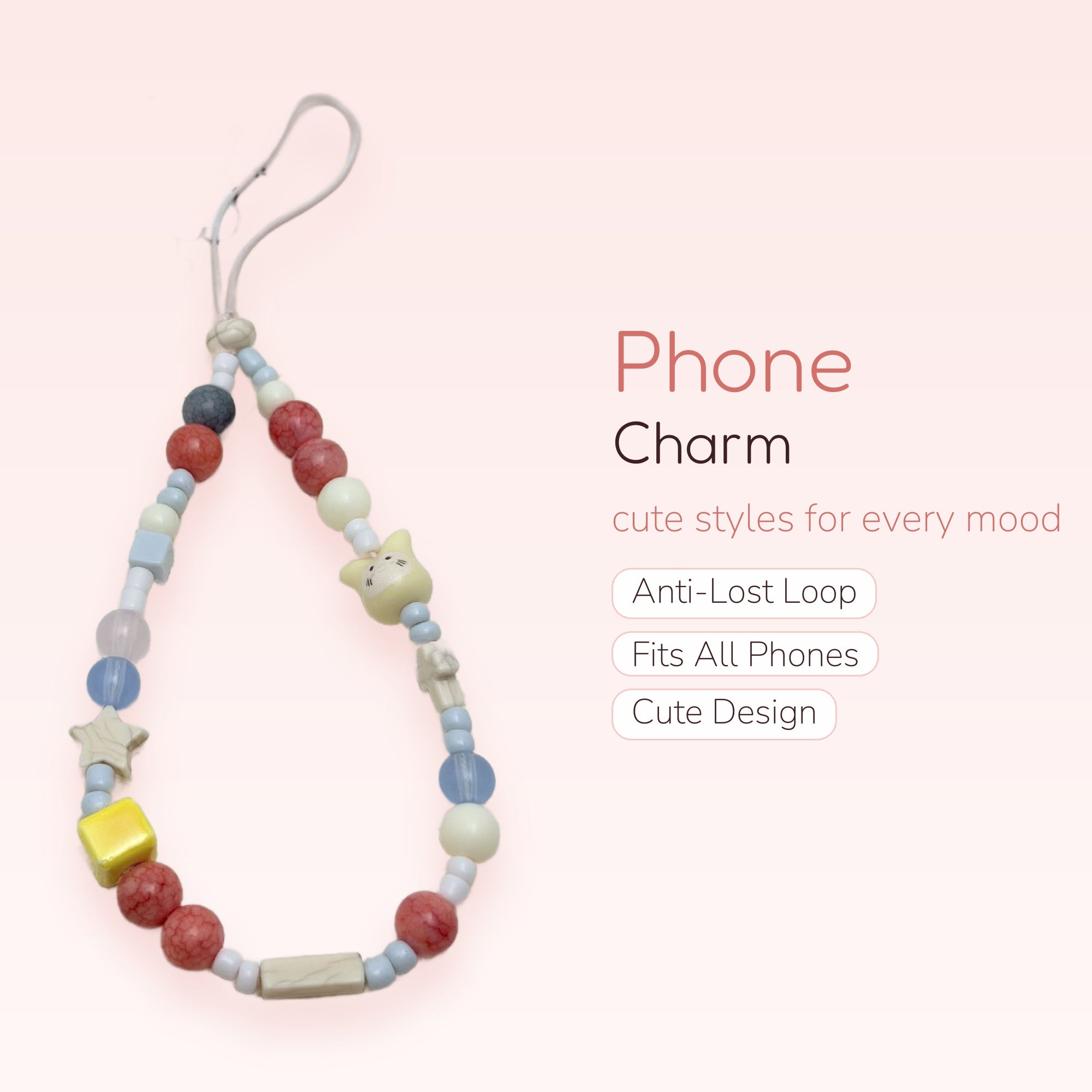 Pastel Beaded Phone Charm Strap | Cute Kawaii Wrist Lanyard with Star & Cat Charms