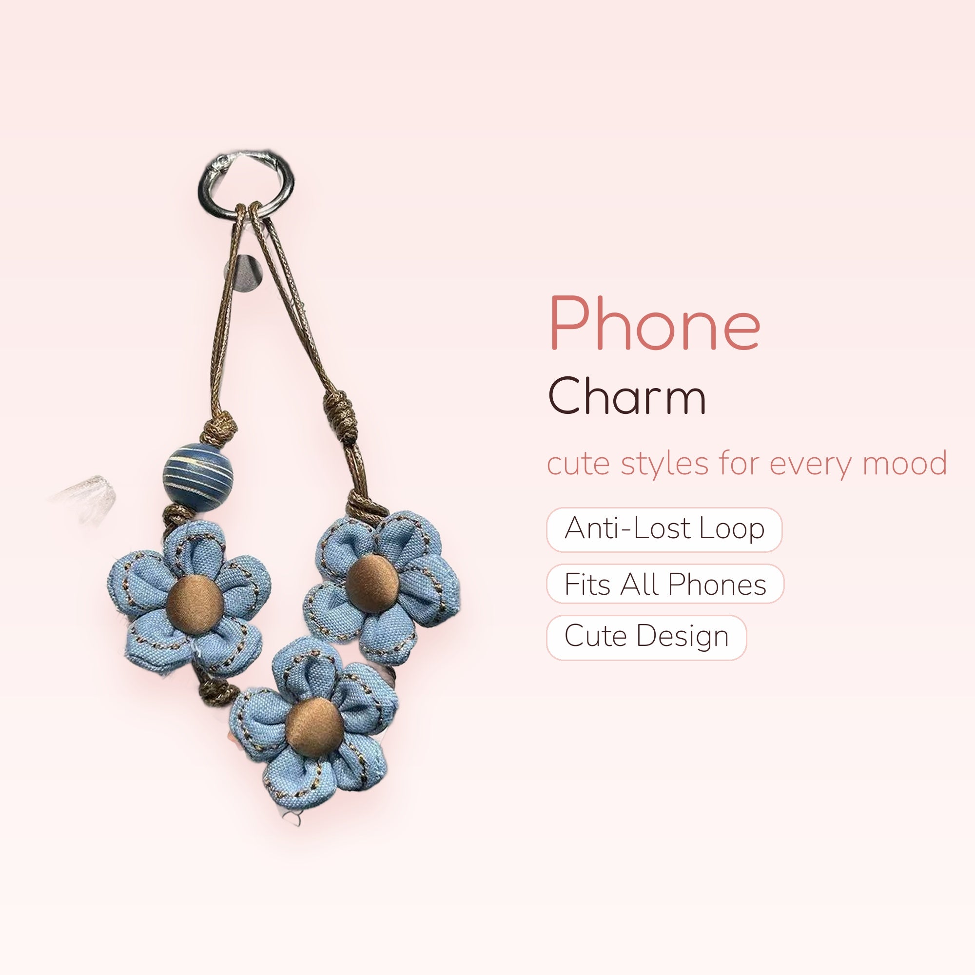 Aesthetic Denim Flower Phone Charm | Cute Blue Floral Keychain Lanyard