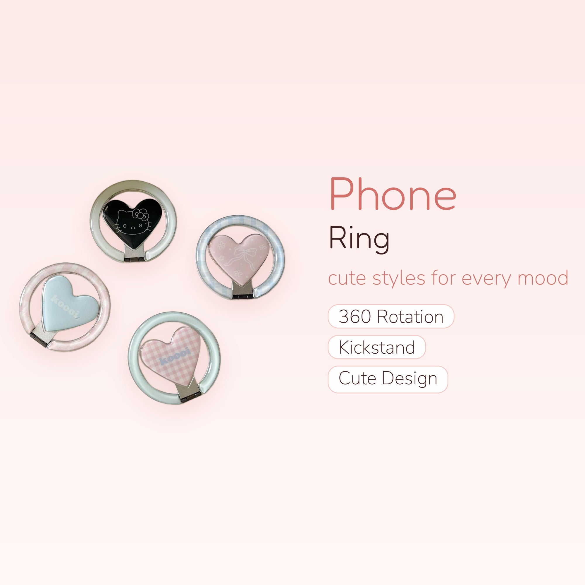 Kawaii Heart Phone Ring Grip | Pastel Hello Kitty & Gingham Finger Holder Kickstand