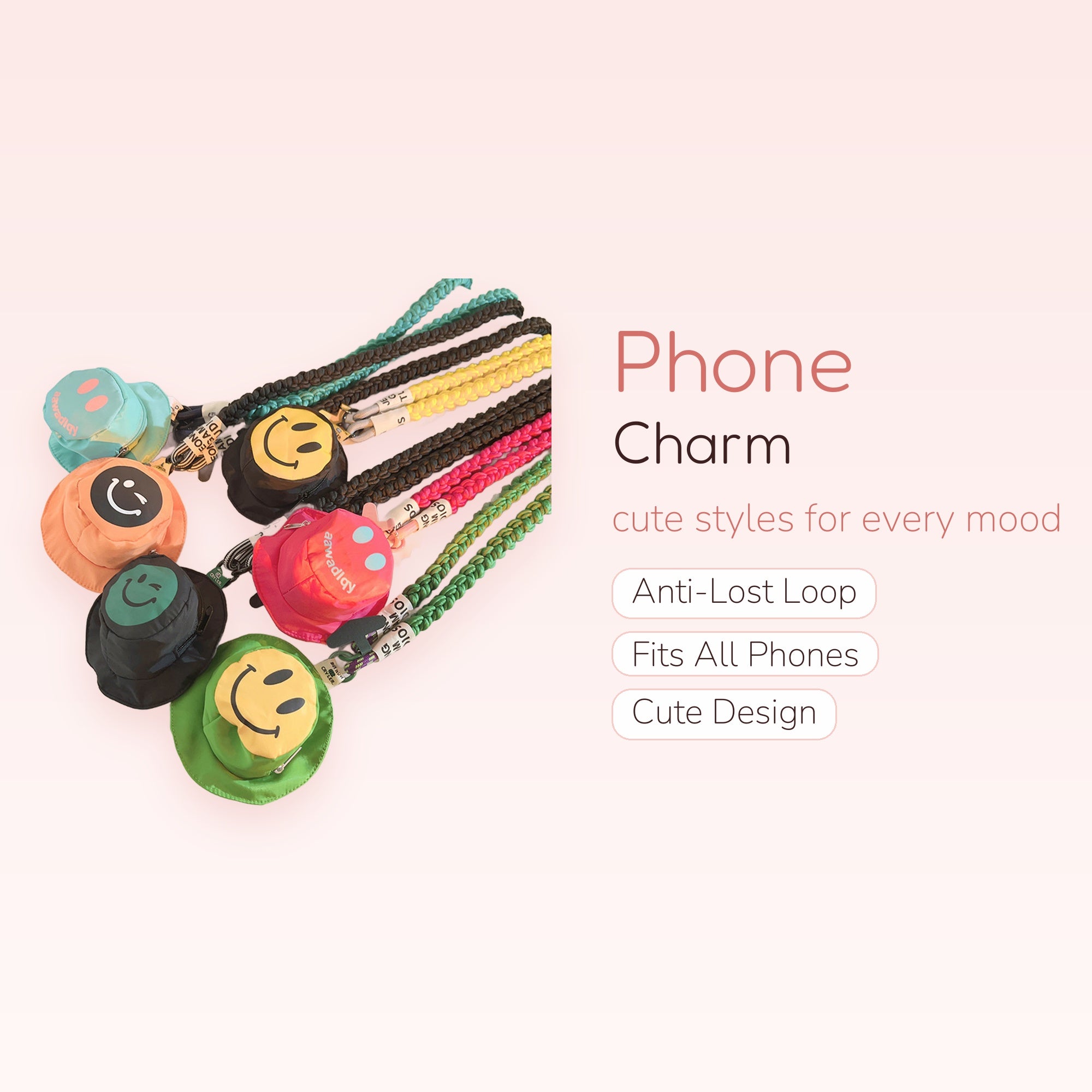 Kawaii Bucket Hat Smiley Face Phone Charm Lanyard | Colorful Braided Wrist Strap