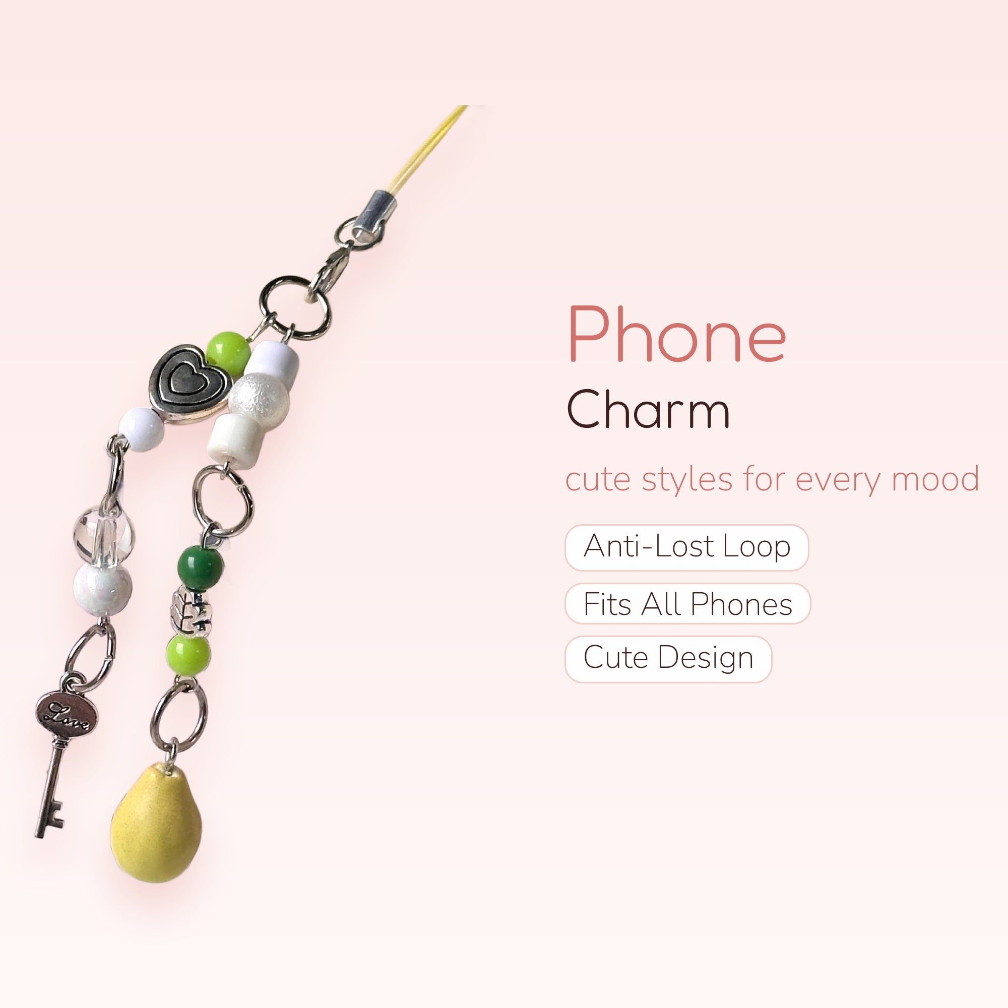 Cute Green & White Beaded Phone Charm | Aesthetic Heart & Pear Wrist Strap
