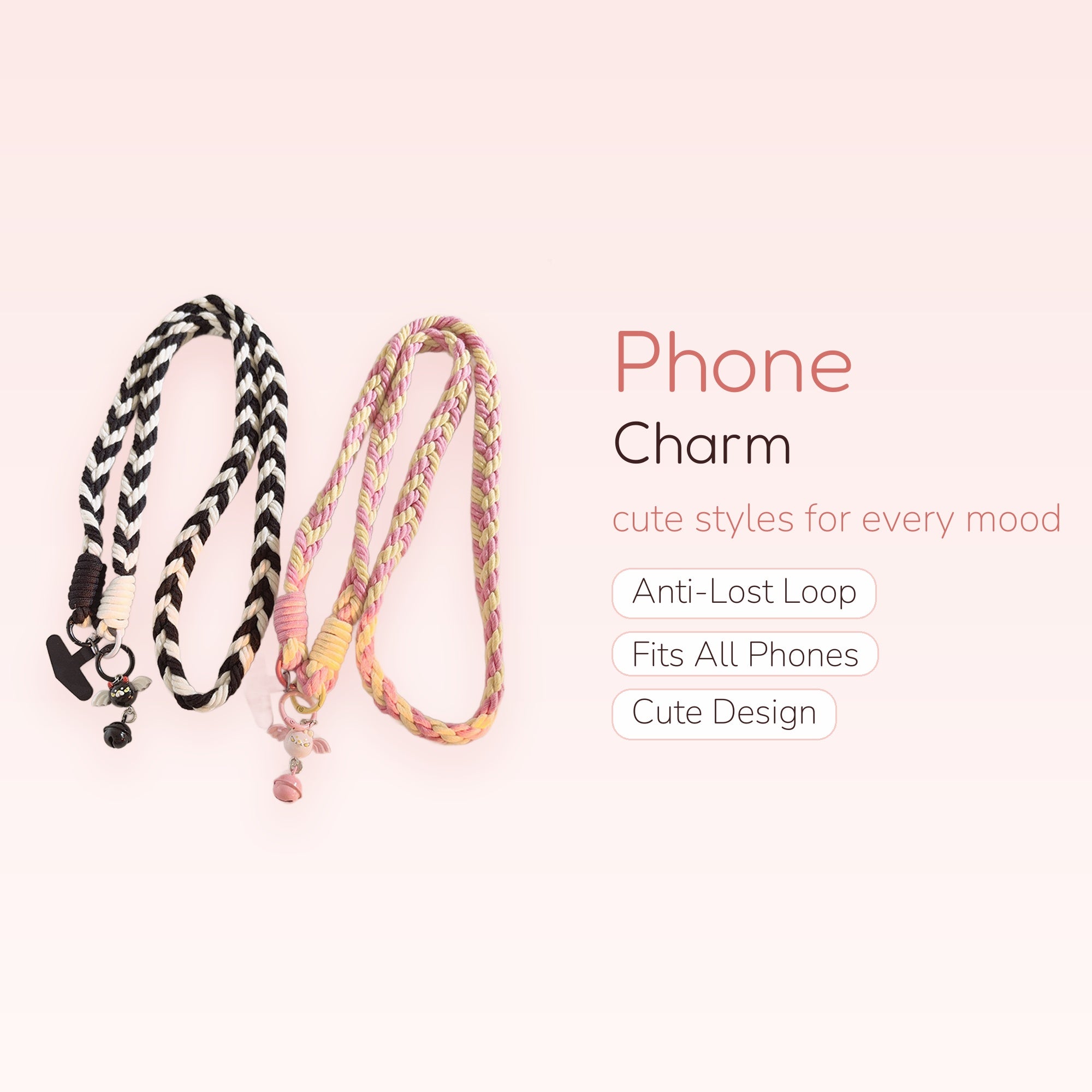 Cute Braided Lanyard Phone Charm | Black & White or Pink & Yellow Angel Wing Bell Strap