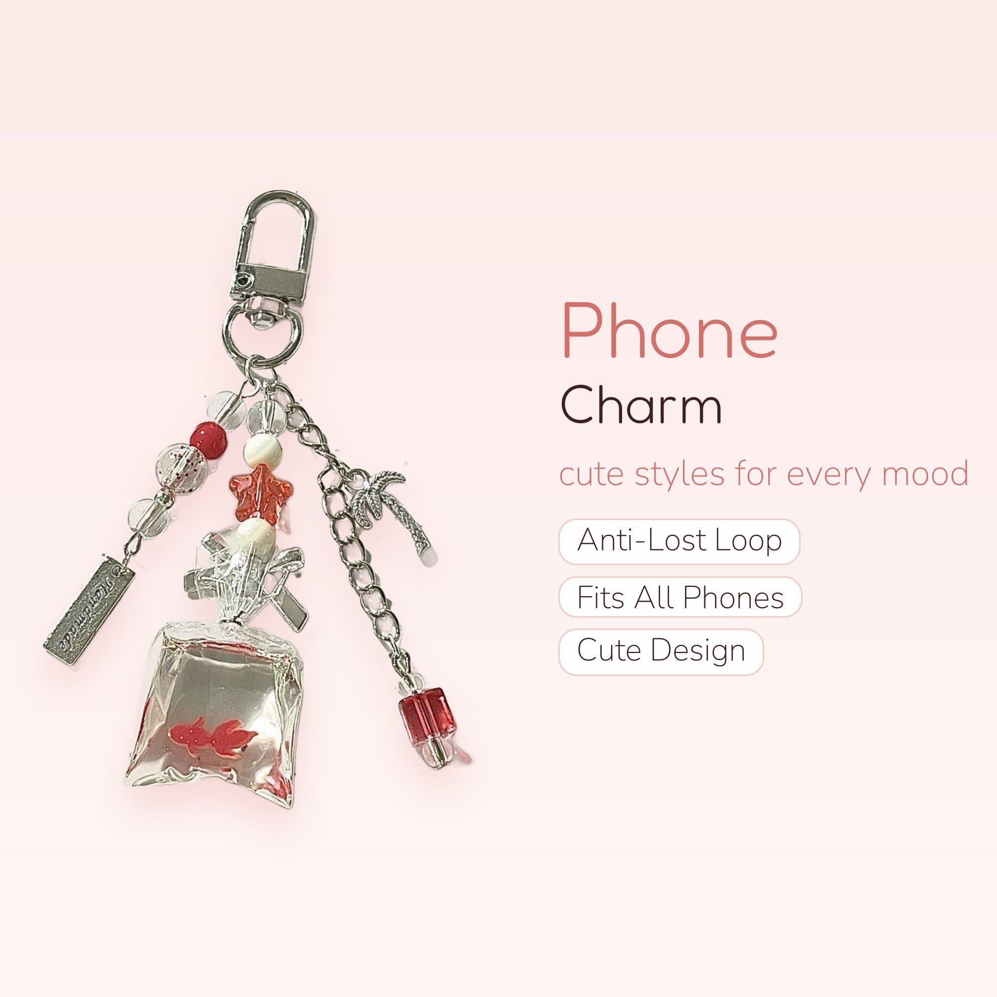 Red Goldfish Bag Phone Charm | Kawaii Beaded Keychain with Palm Tree
