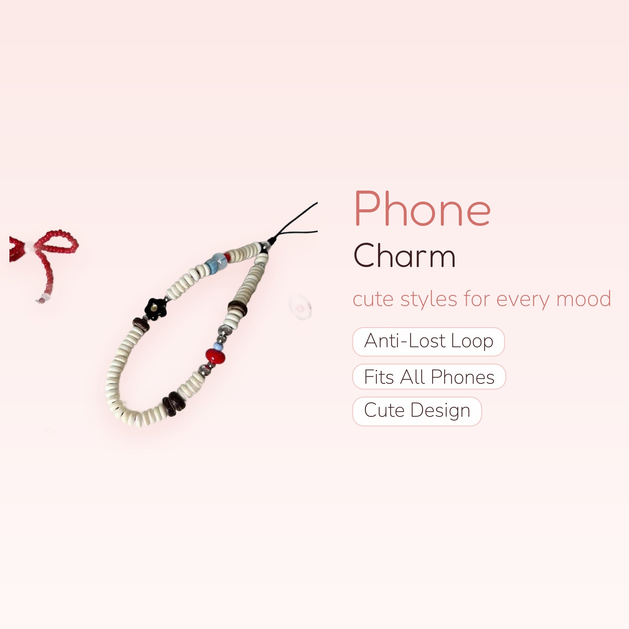 Cute Beaded Phone Charm Strap | White Disc Bead & Flower Wrist Lanyard