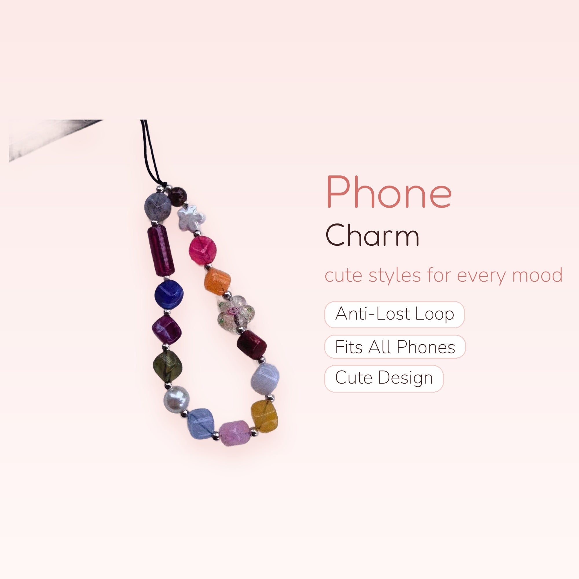 Colorful Mixed Bead Phone Charm Strap | Aesthetic Y2K Beaded Wrist Lanyard