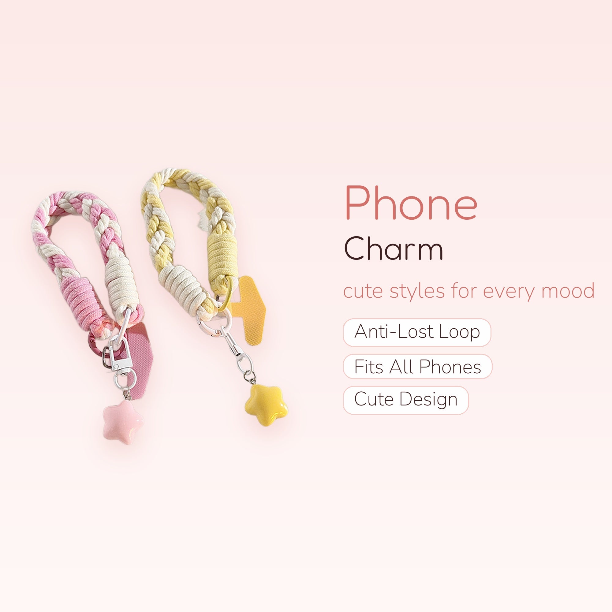 Braided Rope Phone Charm Wristlet | Pastel Star Keychain Lanyard