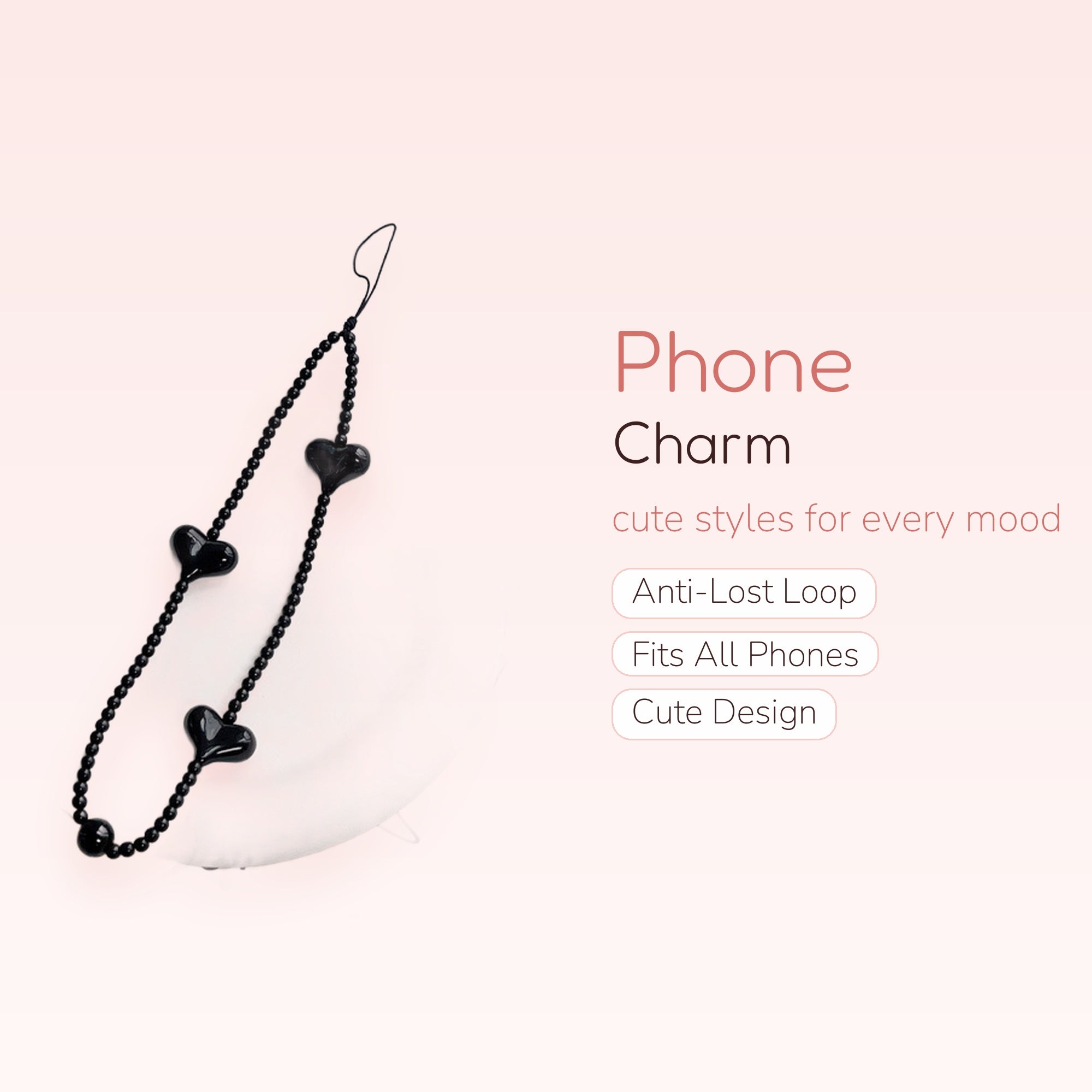 Black Beaded Heart Phone Charm | Aesthetic Y2K Phone Strap Lanyard