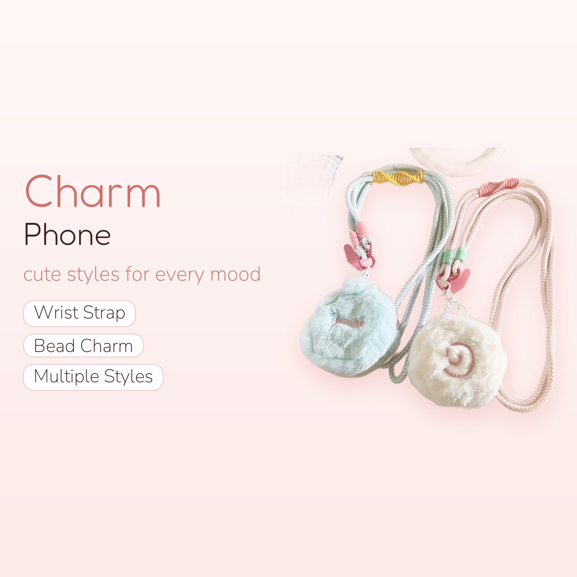 Fluffy Plush Phone Lanyard | Kawaii Pastel Blue & White Charm Strap