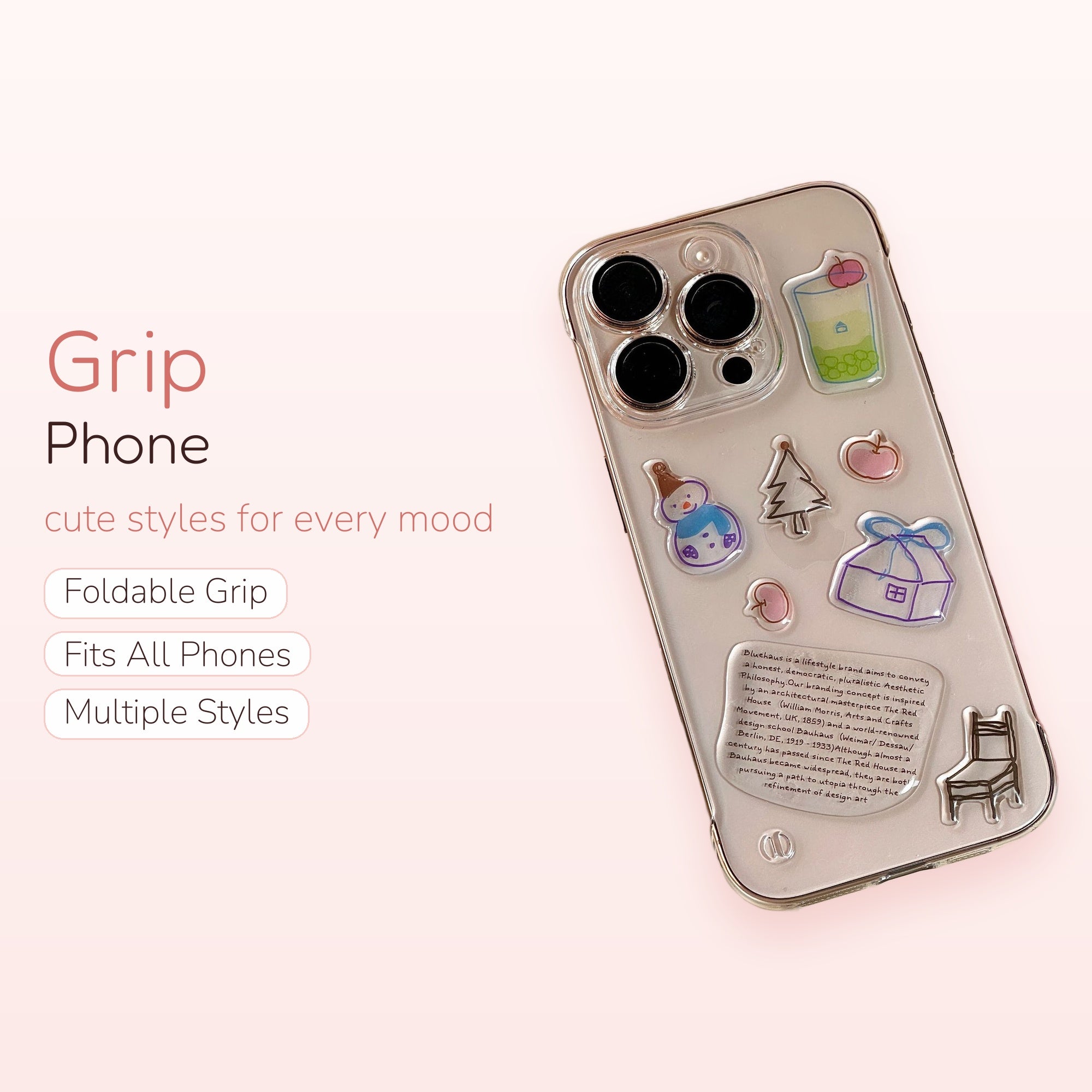Clear Aesthetic Sticker Phone Grip | Kawaii Bubble Tea & House Pop Socket Stand