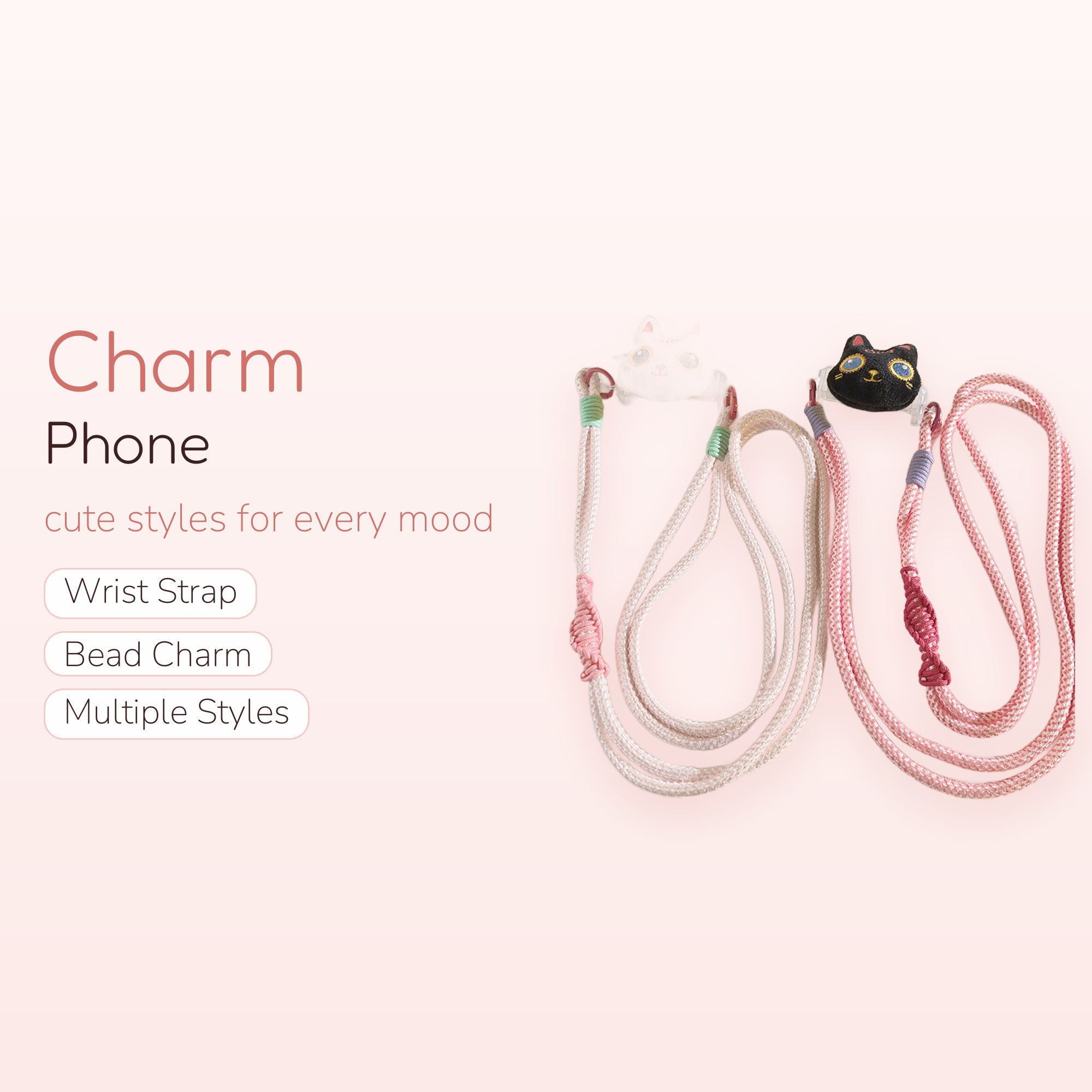 Cute Cat Head Phone Charm Lanyard | Pastel Pink & White Braided Wrist Strap