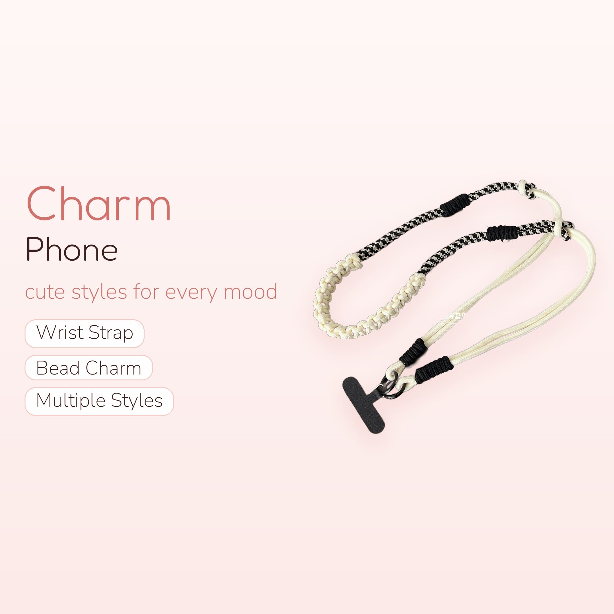 Black & White Houndstooth Braided Phone Lanyard | Aesthetic Woven Wrist Strap