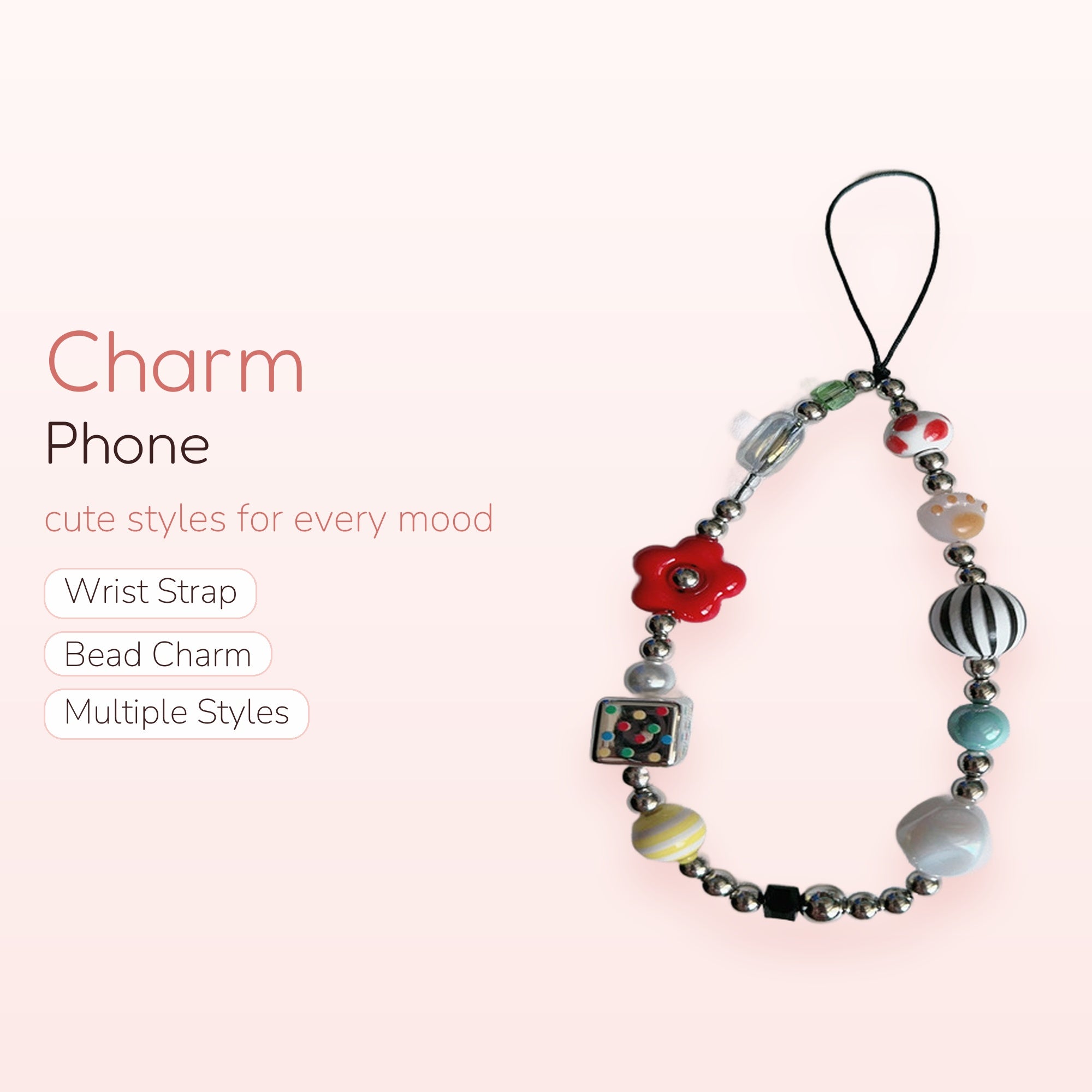 Kawaii Beaded Phone Charm Strap | Colorful Mushroom Flower Dice Wrist Lanyard