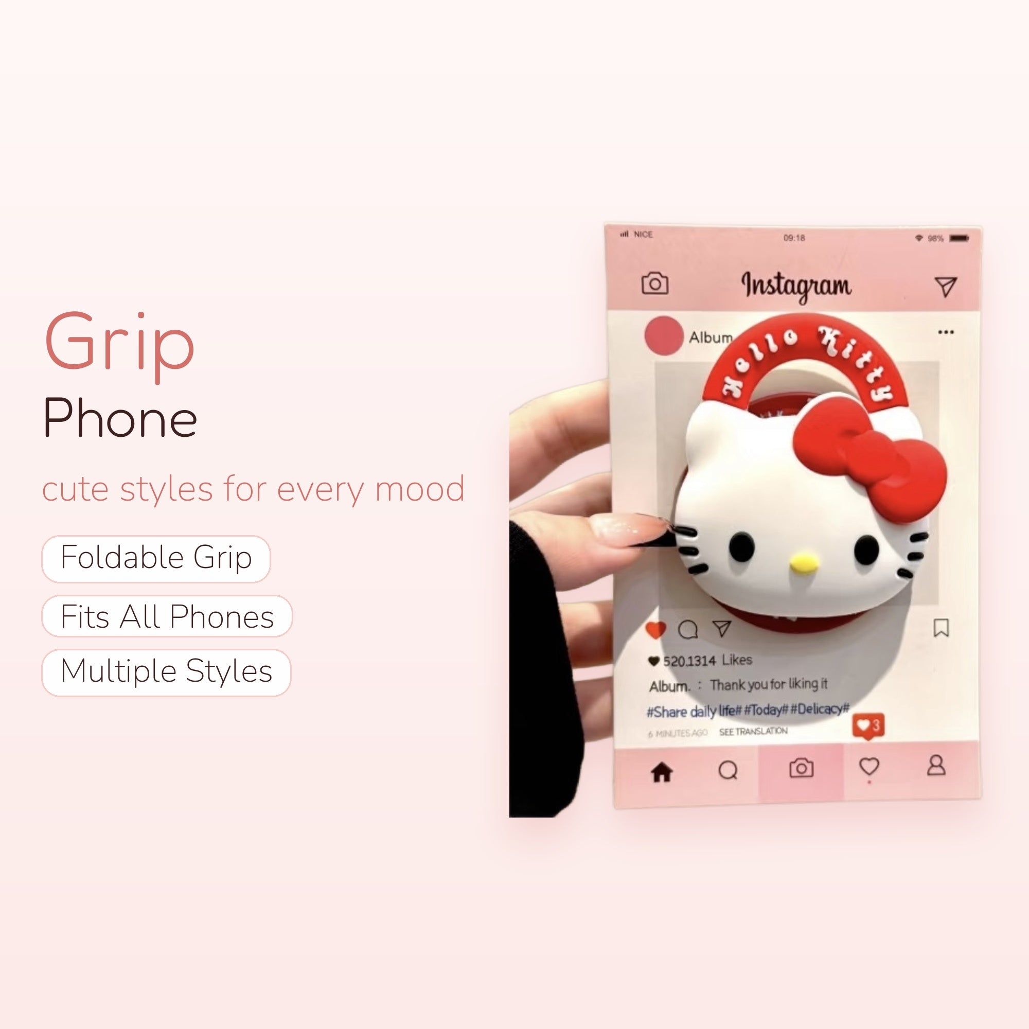 Kawaii Hello Kitty Phone Grip | Cute Red Bow Pop Socket Stand