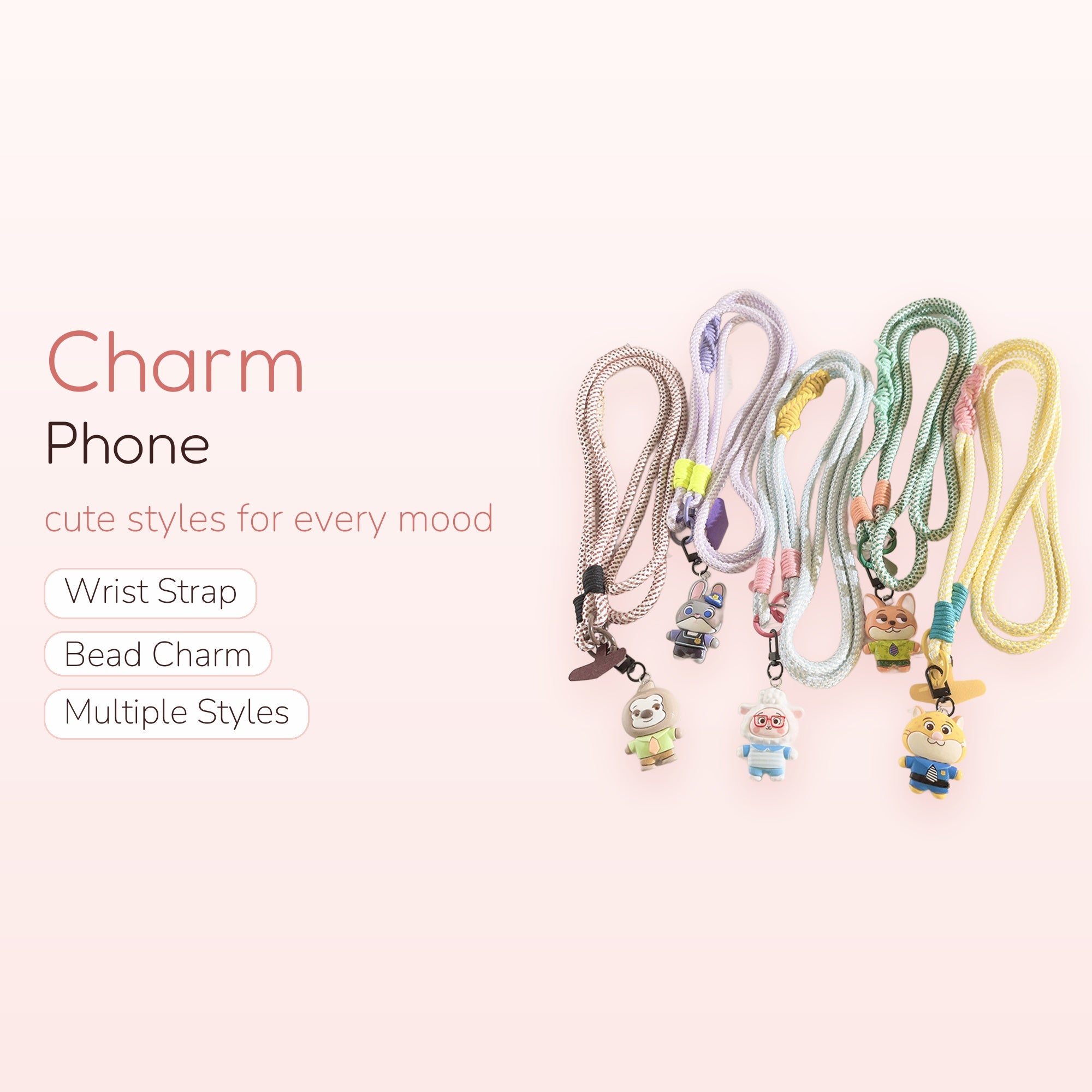 Kawaii Animal Character Phone Lanyard | Pastel Braided Rope Neck Strap