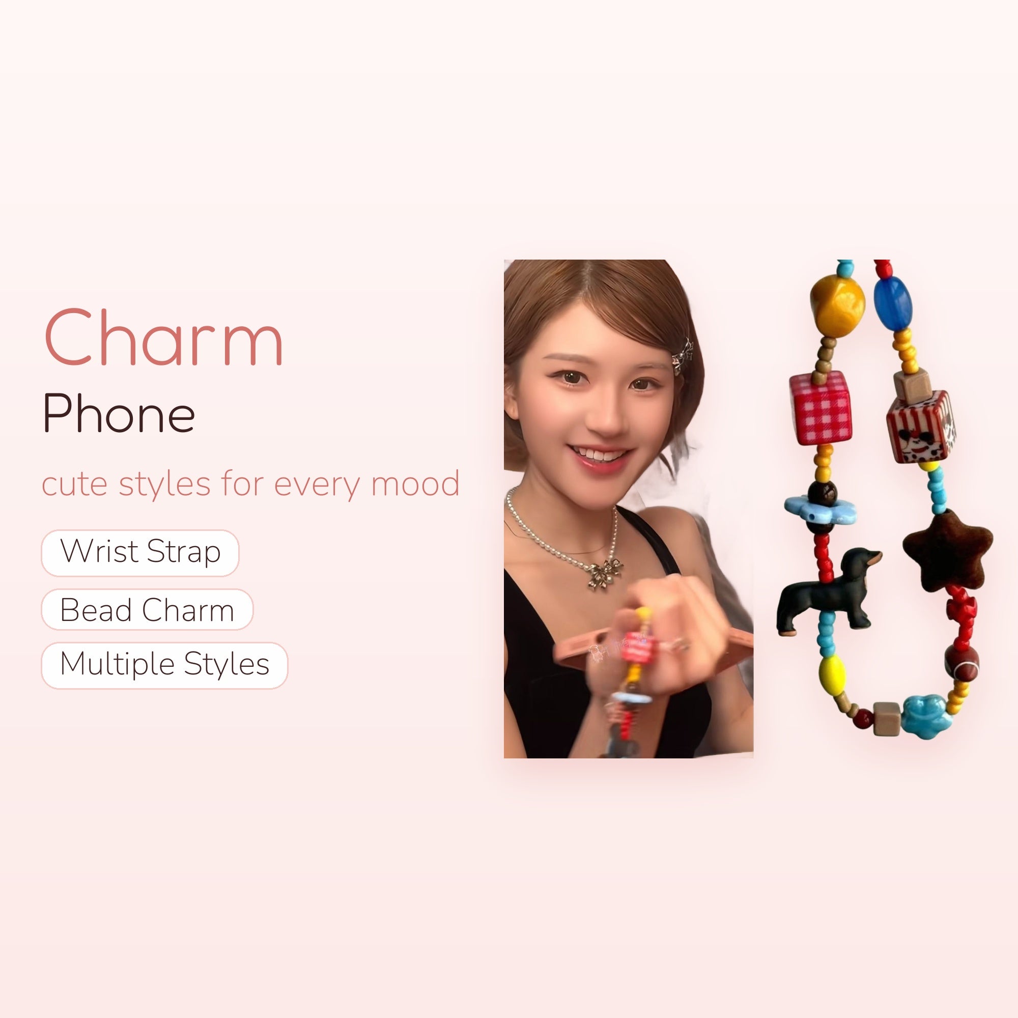 Cute Multi-Color Beaded Phone Charm | Dachshund Dog & Star Keychain Strap
