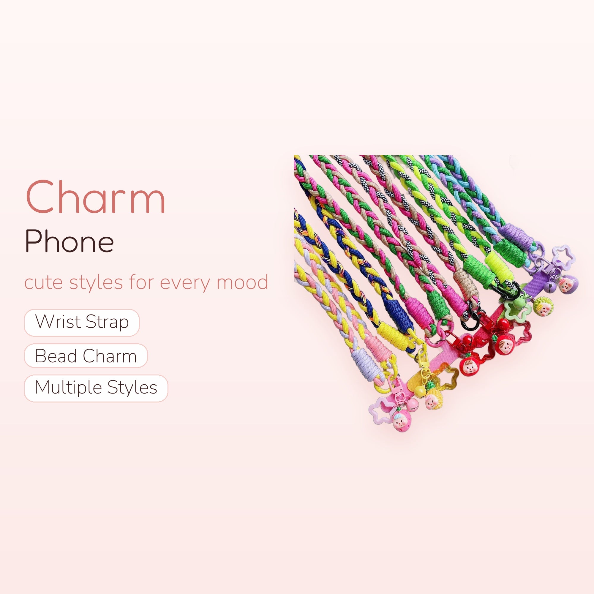 SIMPLYBUBBI — Rainbow Braided Lanyard | Kawaii Fruit & Star Keychain Phone Strap