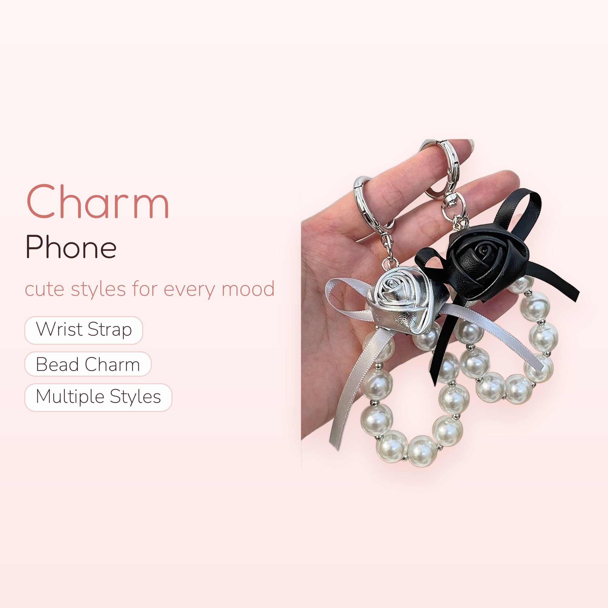 Black & Silver Rose Pearl Phone Charm | Aesthetic Beaded Wrist Strap