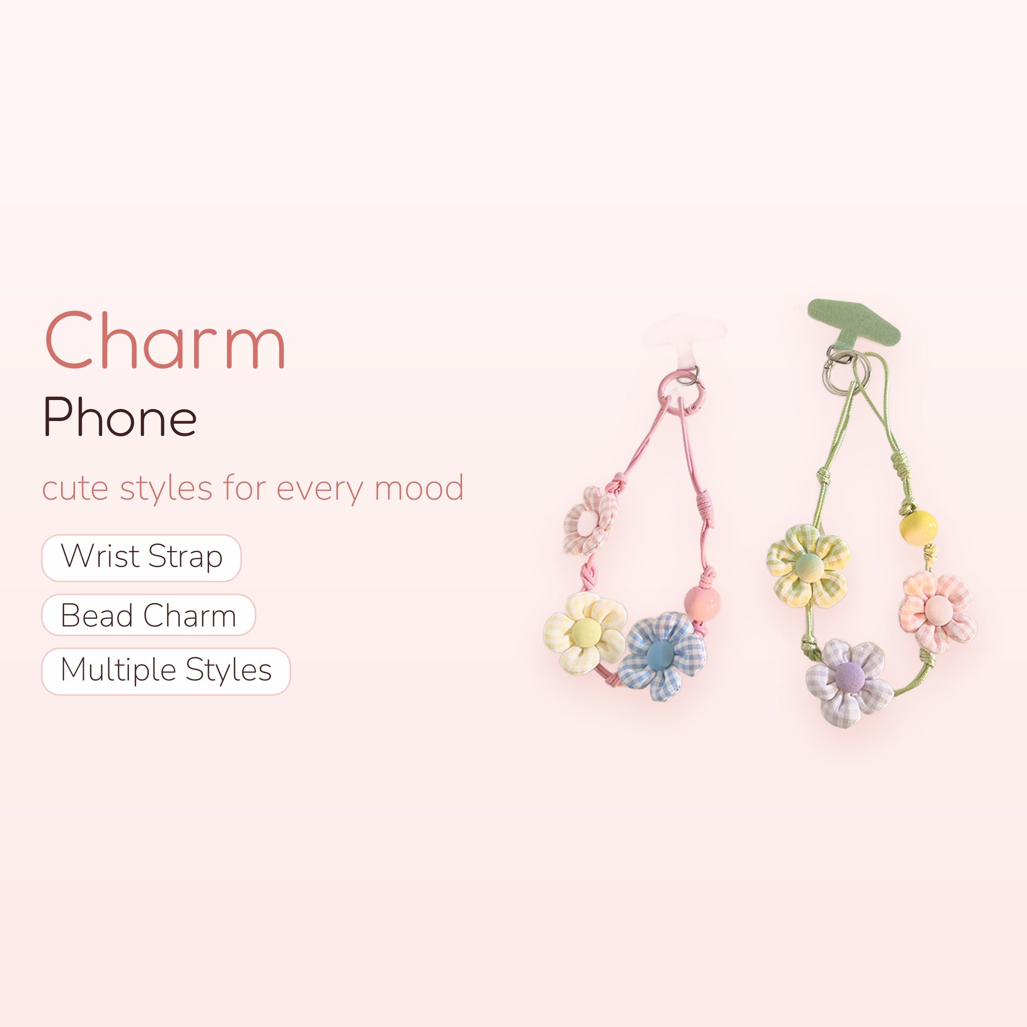 Pastel Gingham Flower Phone Charm Strap | Cute Beaded Wrist Lanyard