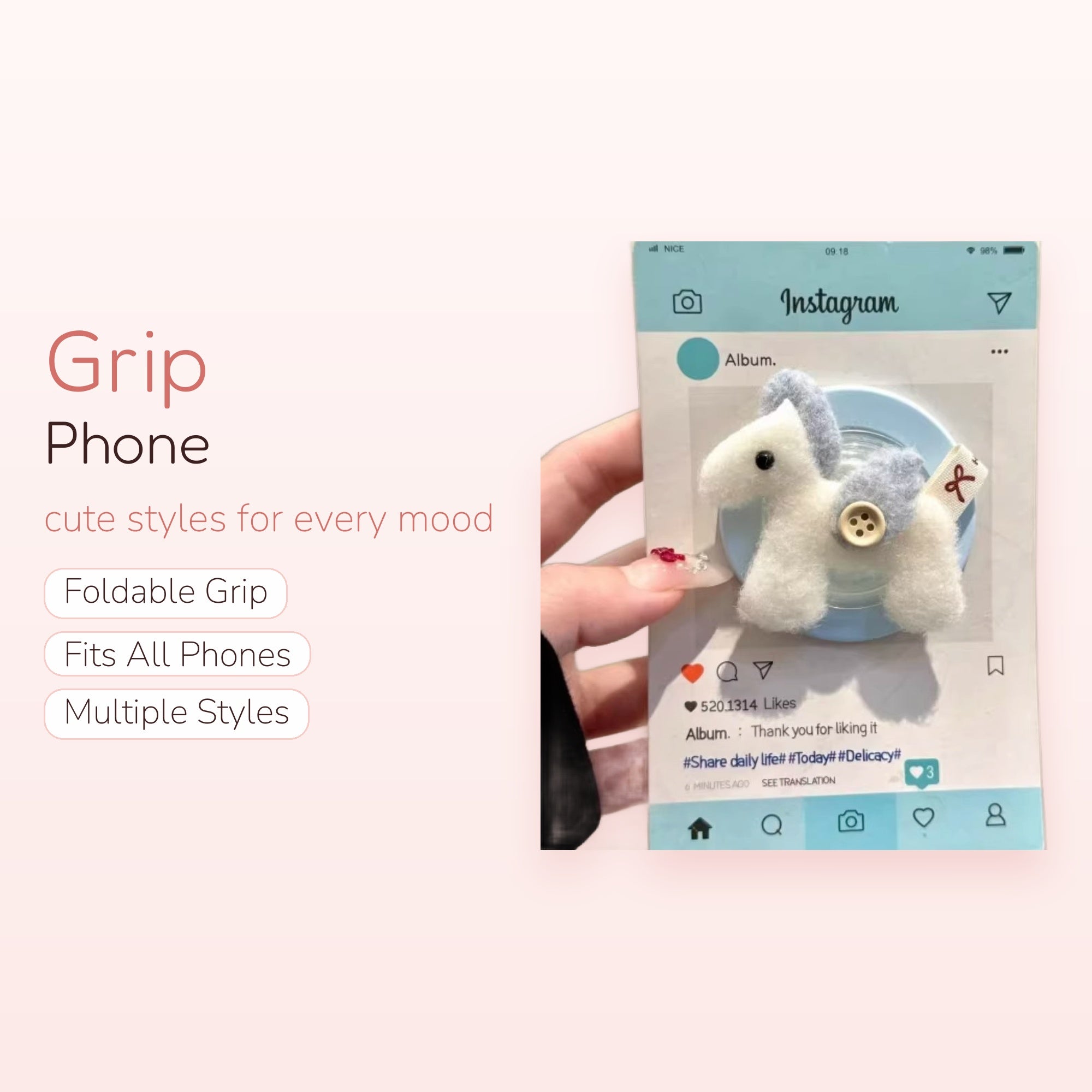 Cute White & Blue Felt Horse Phone Grip | Kawaii Pop Socket Stand for Girls