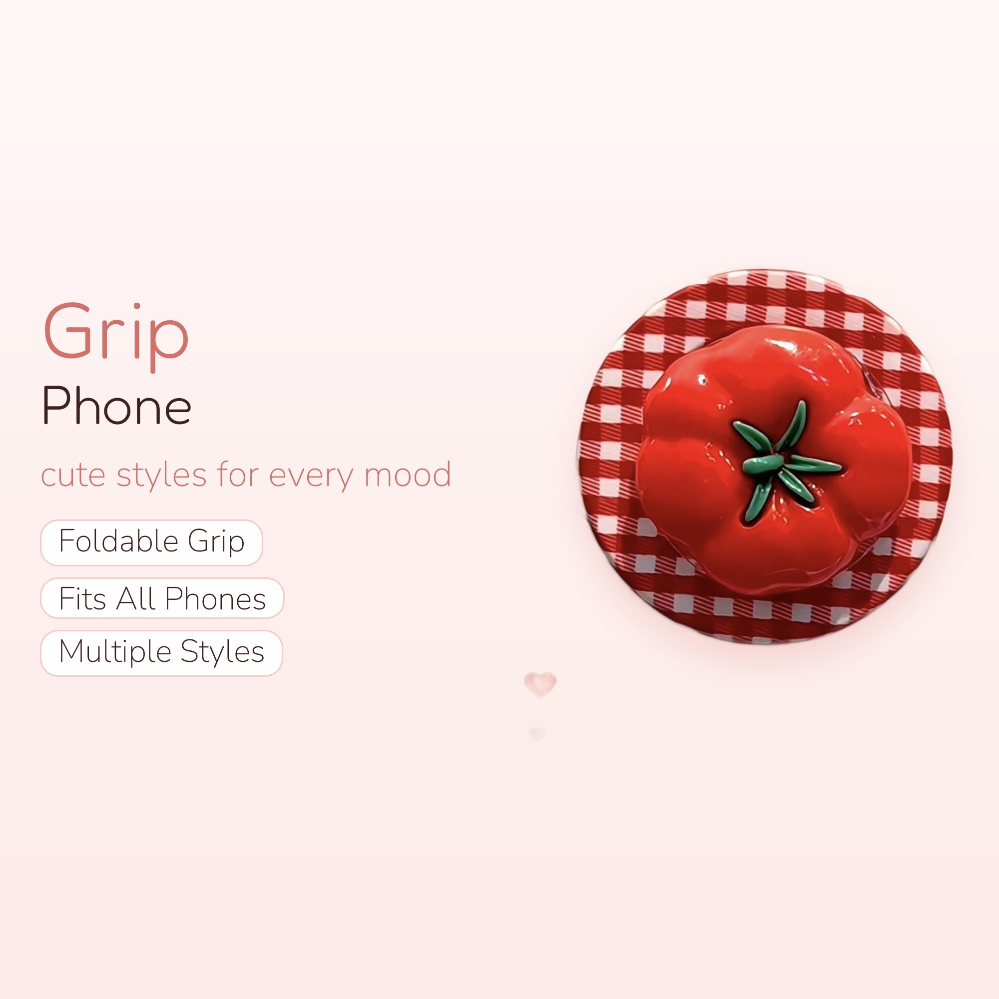 Red Tomato Gingham Phone Grip | Cute Foodie Pop Socket Stand