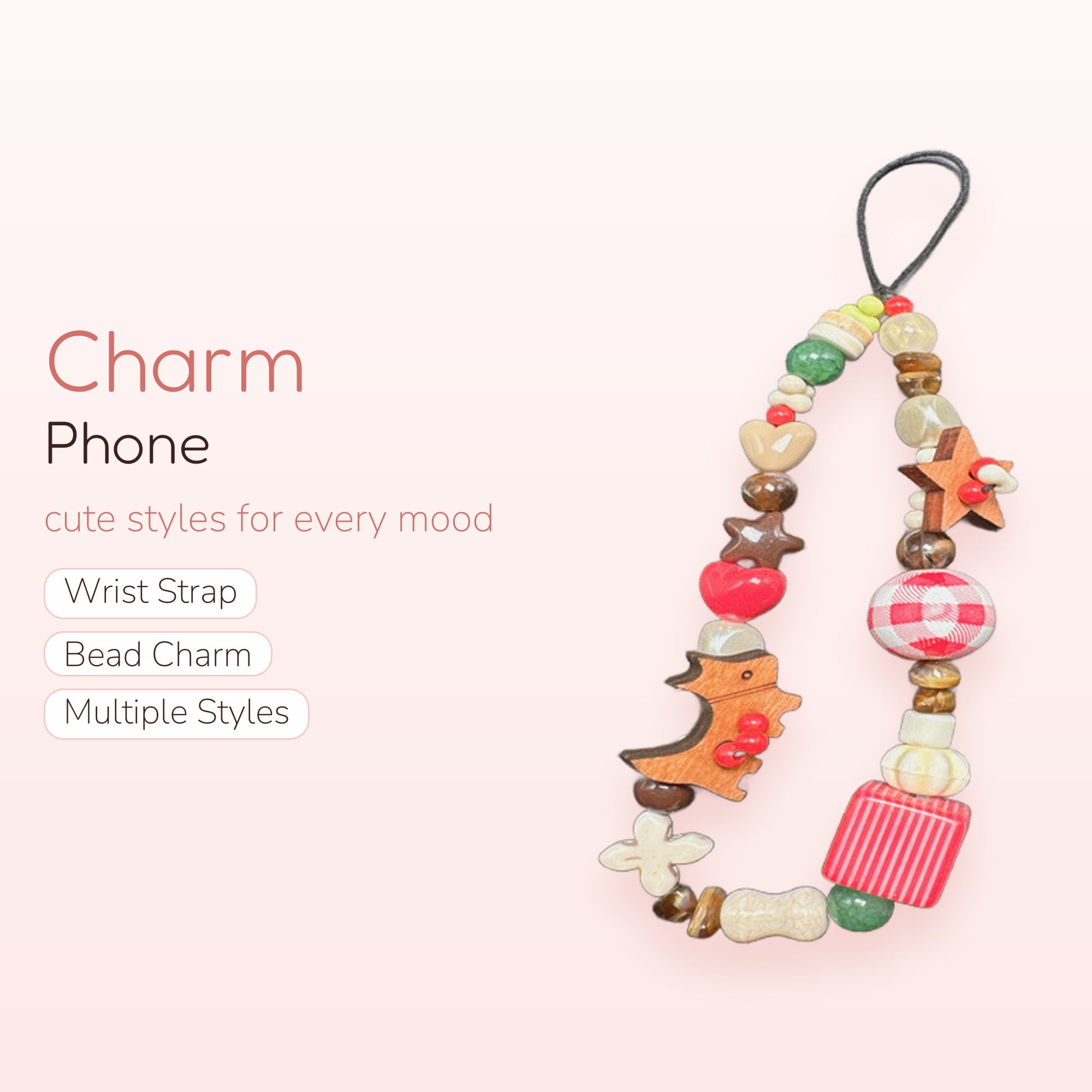 Cute Wooden & Beaded Phone Charm Strap | Kawaii Heart Star Dinosaur Wrist Lanyard