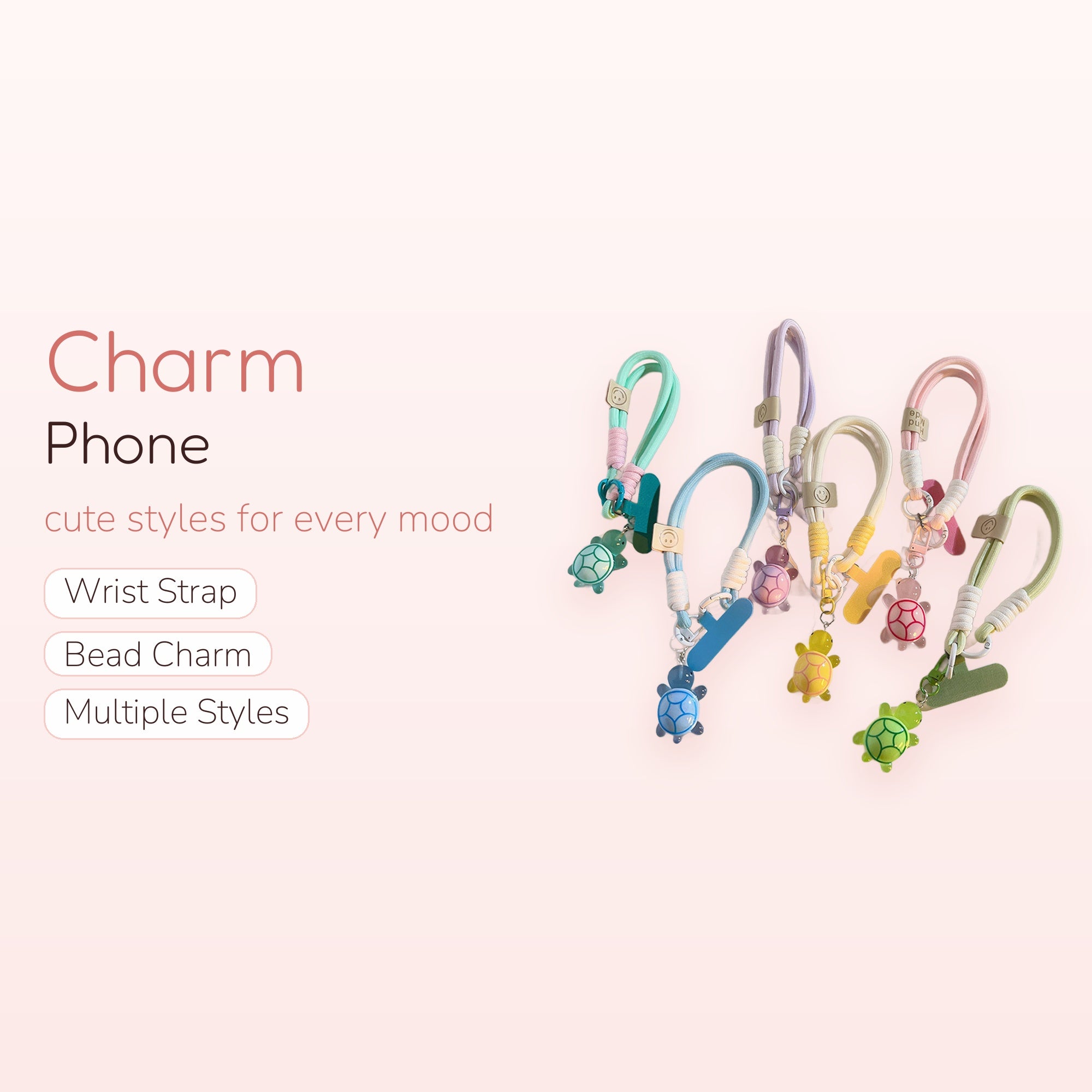 Pastel Turtle Phone Charm Strap | Kawaii Wrist Lanyard with Smiley Face