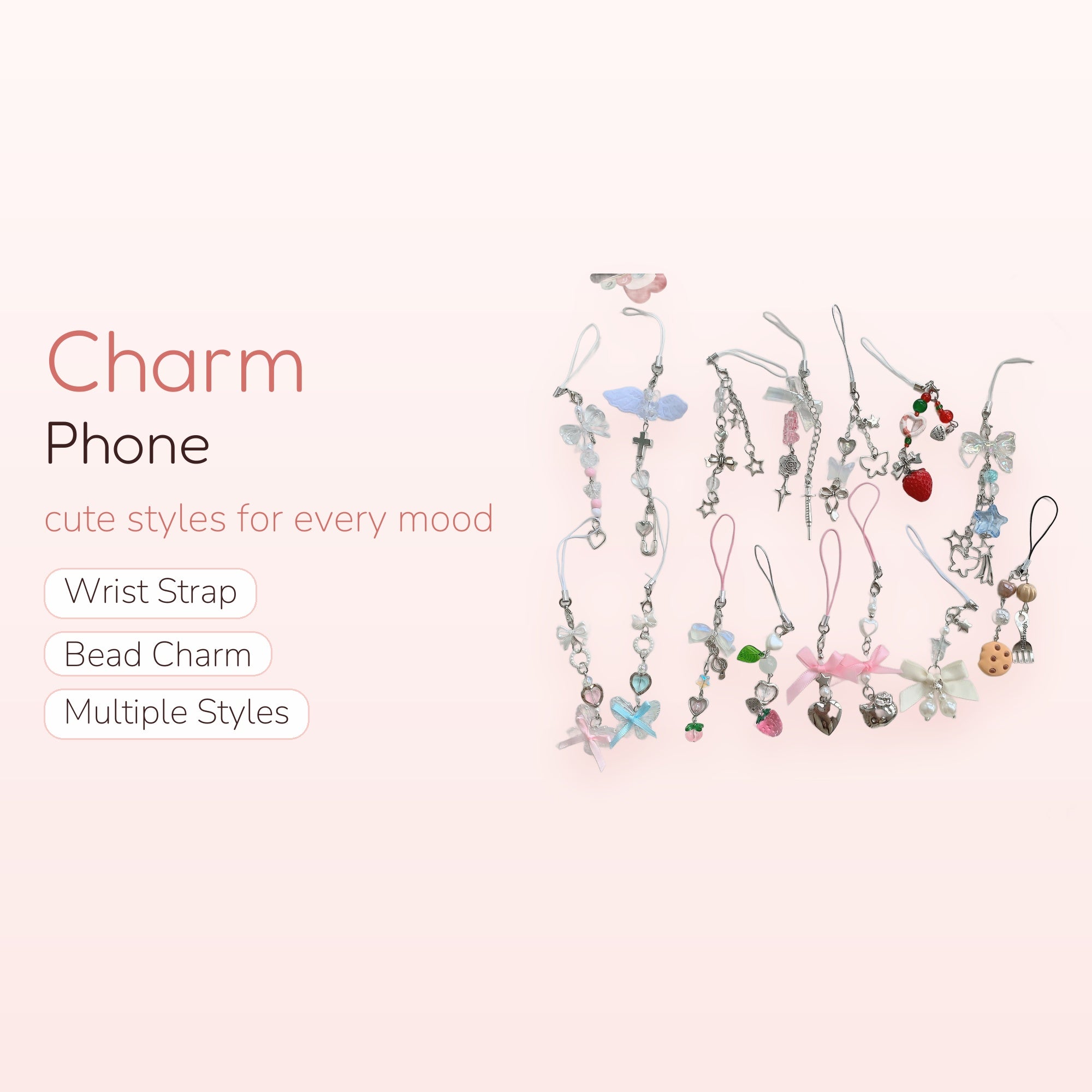 Aesthetic Y2K Beaded Phone Charms | Kawaii Star, Butterfly, Cross, & Fruit Phone Straps
