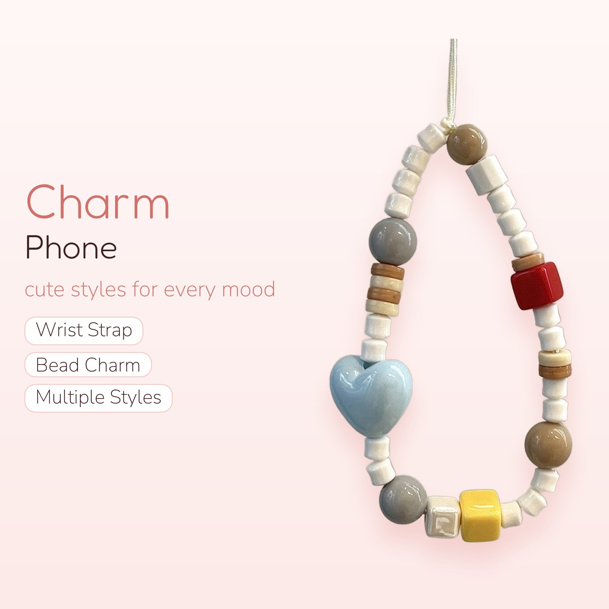 Aesthetic Beaded Phone Charm Strap | Pastel Heart & Cube Wrist Lanyard