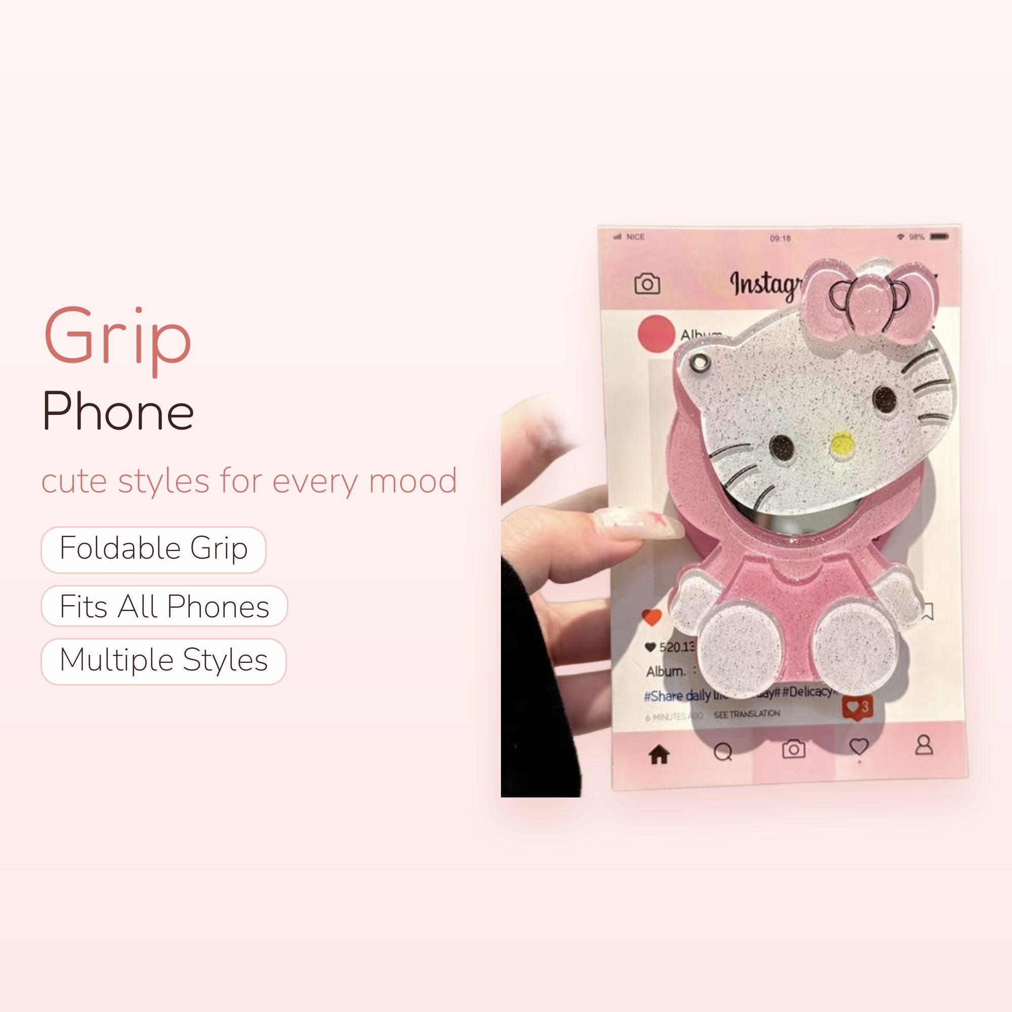 Glitter Hello Kitty Phone Grip | Kawaii Pink Pop Socket Stand