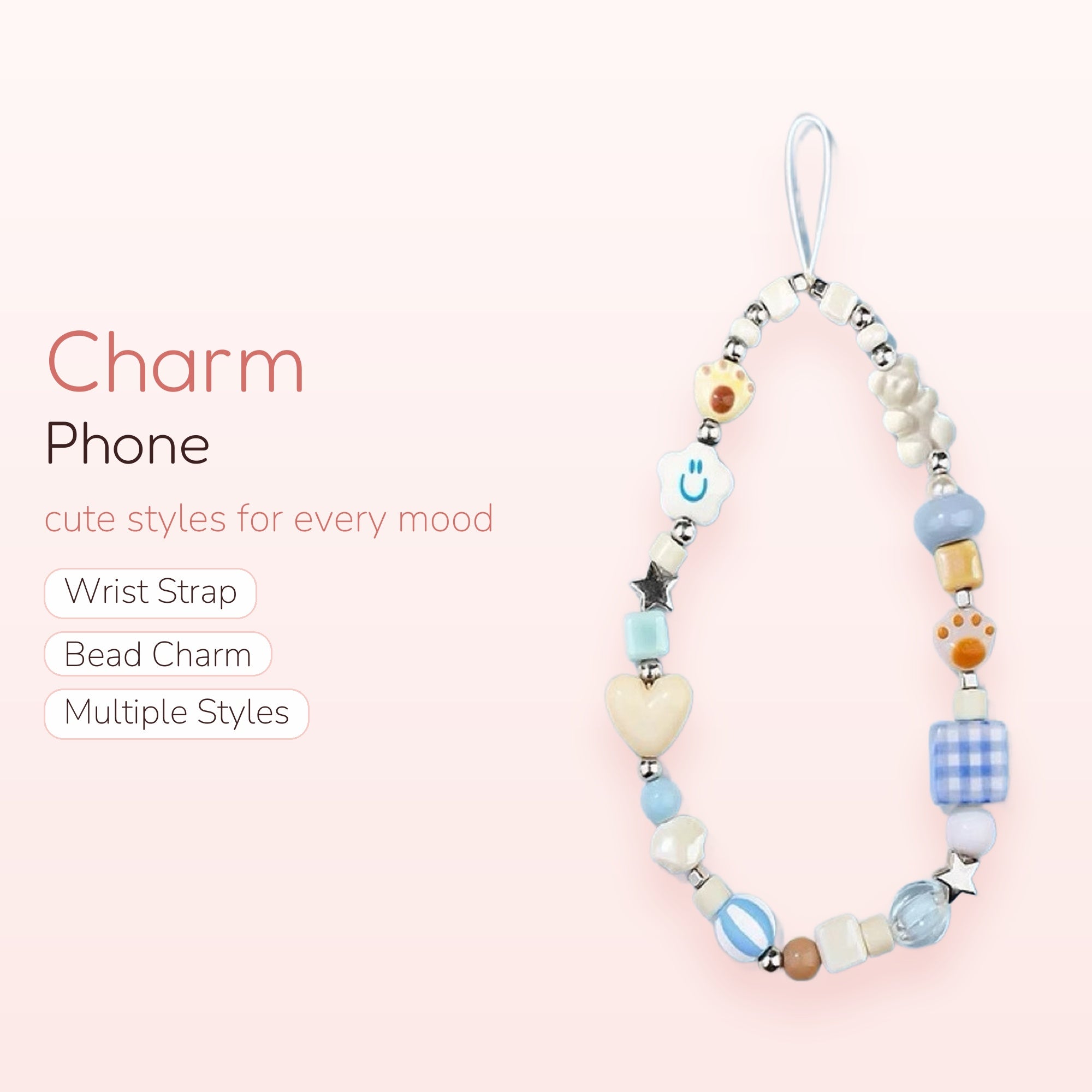 Kawaii Pastel Beaded Phone Charm Strap | Cute Bear & Heart Wrist Lanyard