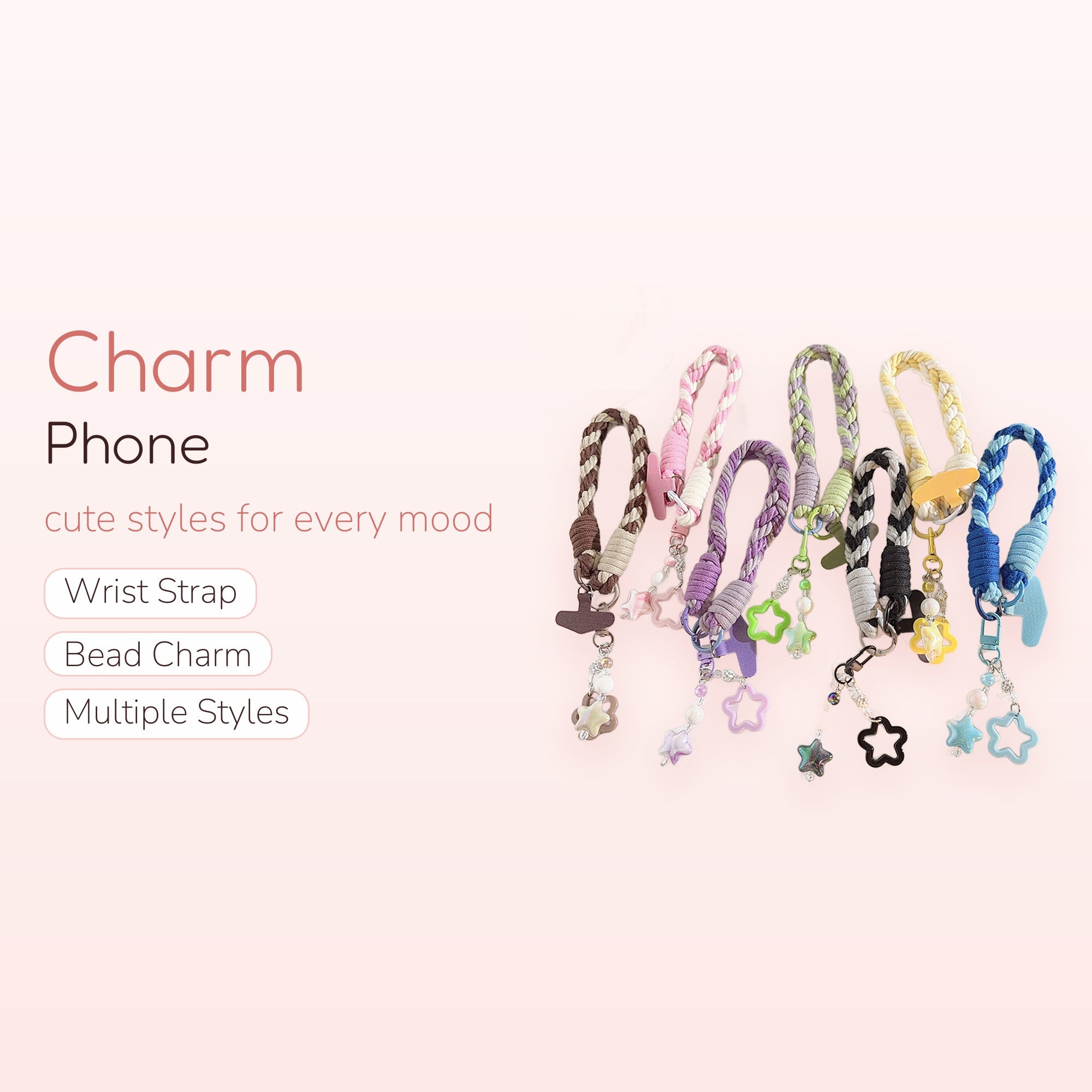 Braided Wrist Strap Phone Charm | Pastel Star Beaded Lanyard